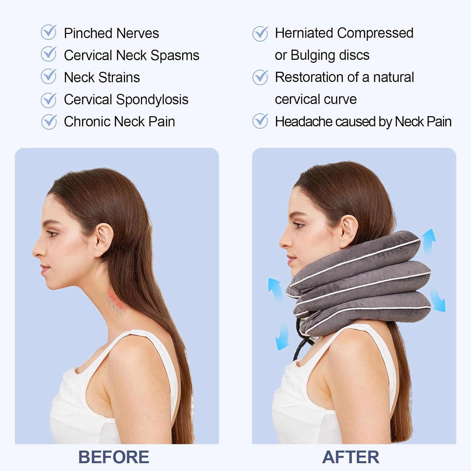 Neck Stretcher for Pain Relief, Adjustable Inflatable Cervical Traction Device, Neck Brace for Home Use, Supports Neck Decompression & Spine Alignment，Gifts for Women (Sky Grey)