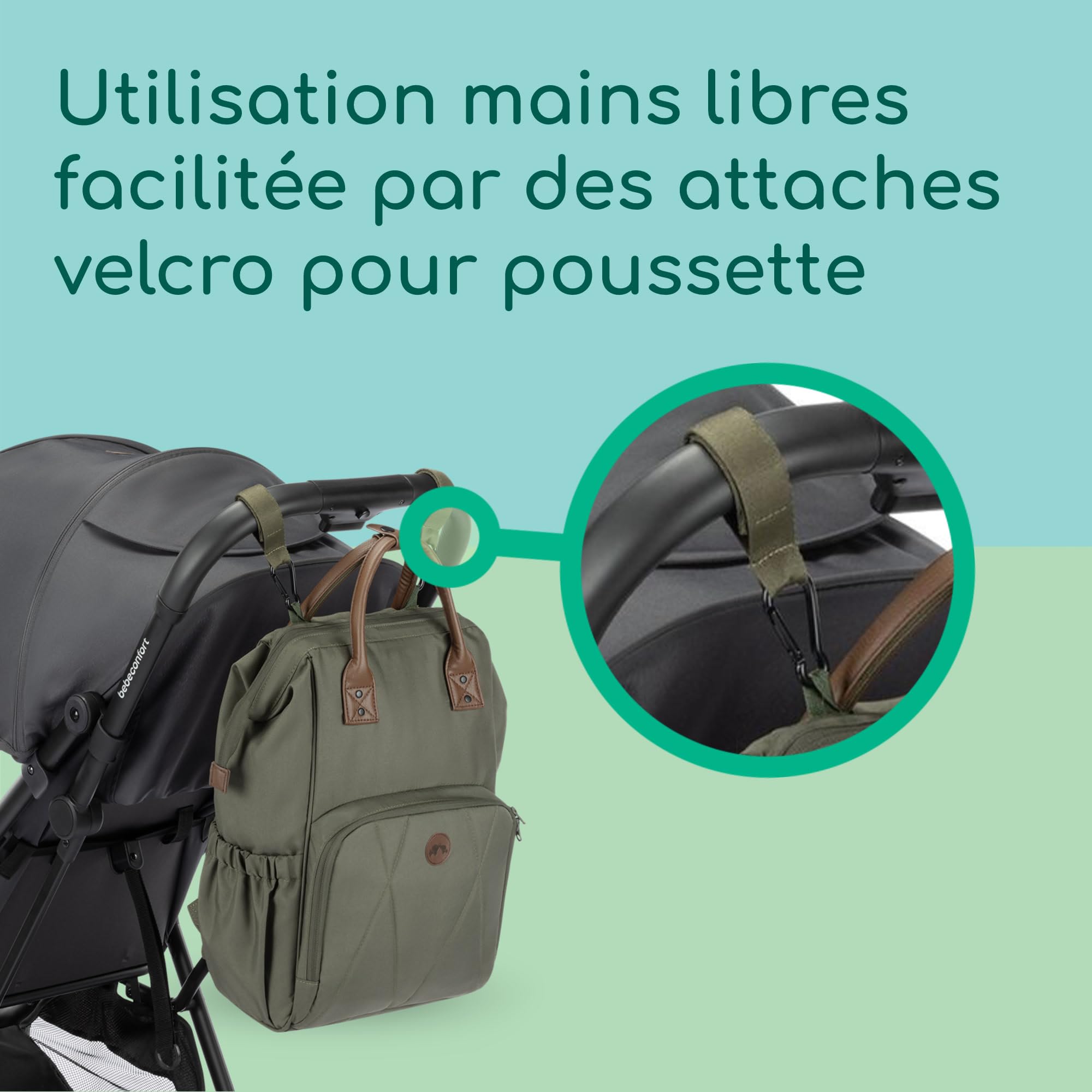 Bebeconfort Sac à Langer Bebe, avec Matelas à Langer Bebe, Sac à Dos pour Poussette à Grandes Poches, Poches Isothermes et Sangles de Fixation Poussette, Finitions en Cuir Elégantes, Mineral Green