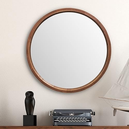 Miniatura 7 de LYYYXGYP Espejo redondo de madera de 24 pulgadas, espejo de pared de granja con marco de madera, espejo circular marrón para baño Marrón,Gris,Madera