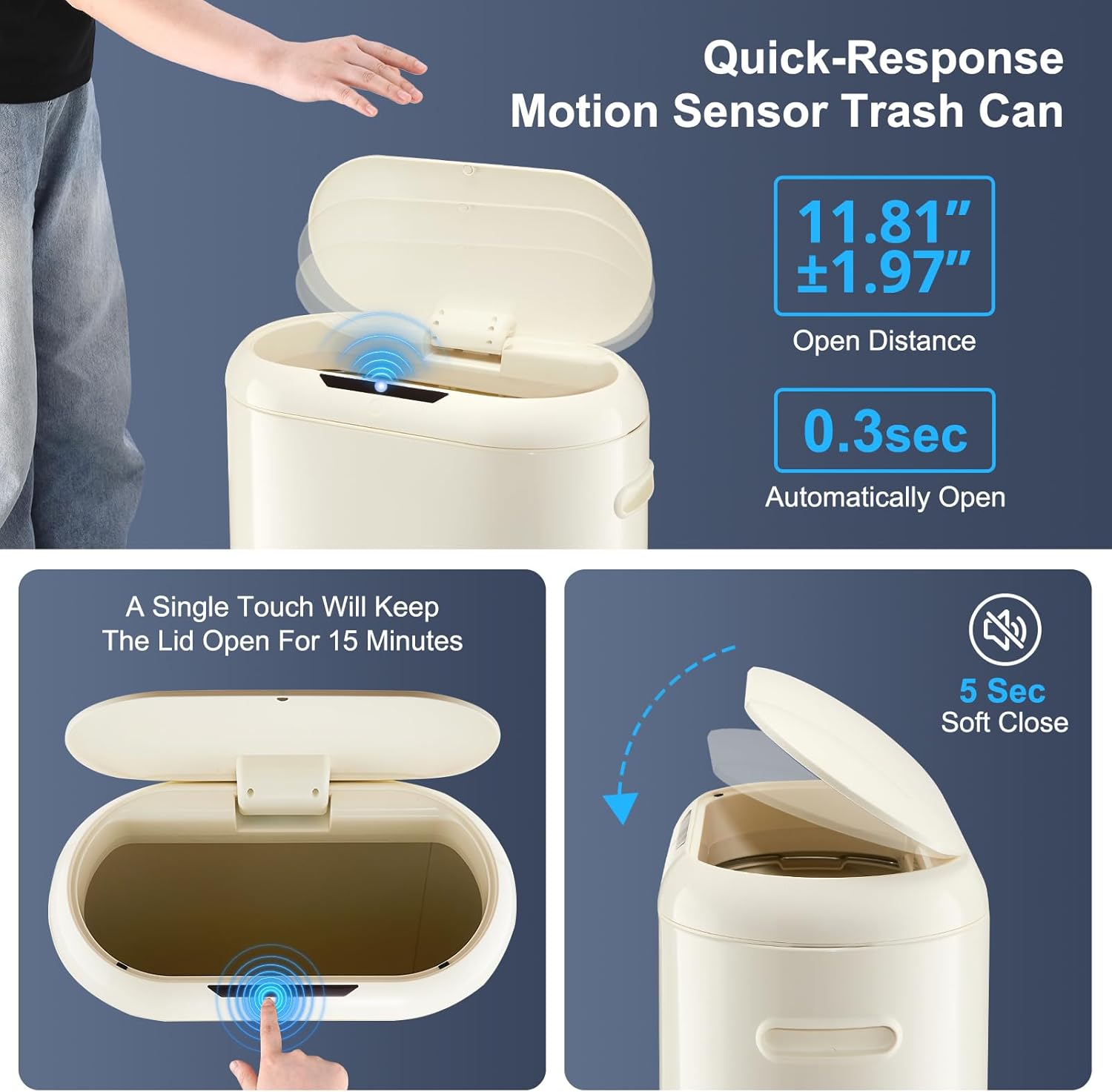 13 Gallon White Automatic Trash Can, Touchless Motion Sensor Kitchen Trash Can with Soft-Close Lid, 50L Slim Garbage Bin Smart Garbage Can for Bathroom Living Room Office