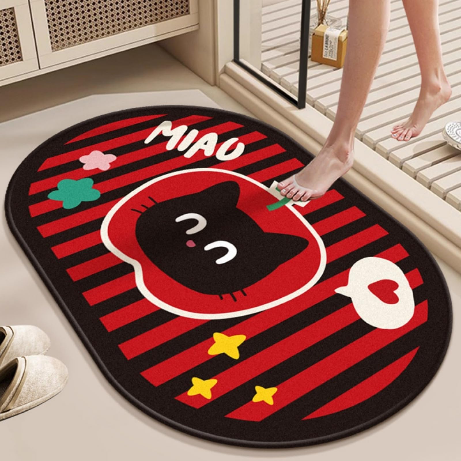 Alfombra Baño Diatomita Rojo Y Negro Secado Rapido, Agua Súper Absorbente Alfombrilla De Baño Antideslizantes,Suave Y Acogedora