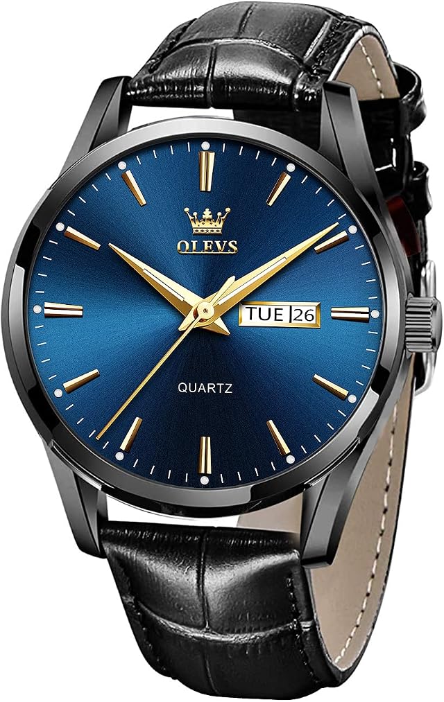 OLEVS Watches for Men Brown Leather Gold Case Analog Quartz Fashion Business Dress Watch Day Date Luminous Waterproof