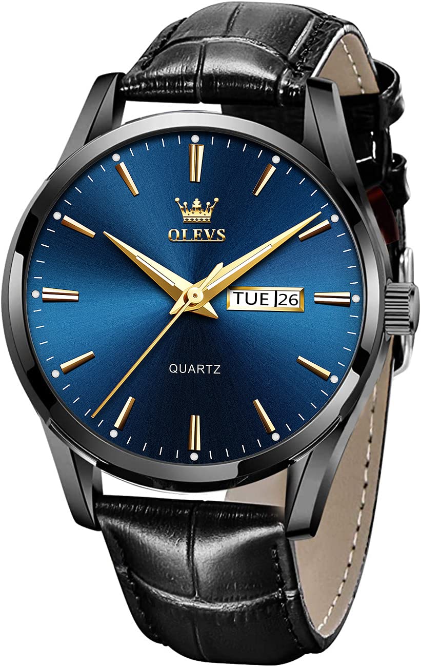 OLEVS Watches for Men Brown Leather Gold Case Analog Quartz Fashion Business Dress Watch Day Date Luminous Waterproof