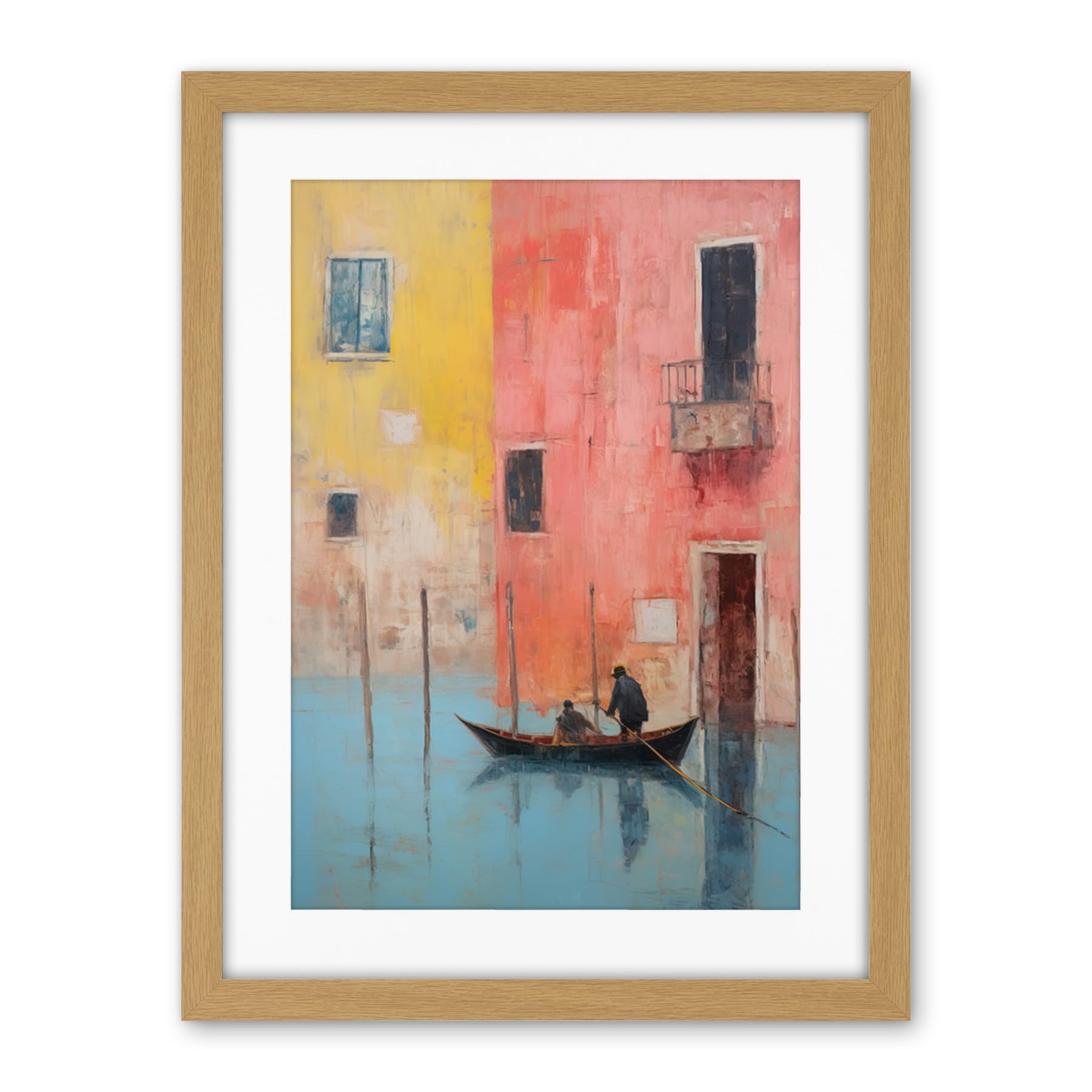 Artery8 Venice Canal Gondola Ride Oil Painting Blue Pink Yellow Pastel Colour Rower Boat on River Artwork Framed Wall Art Print 18X24 Inch