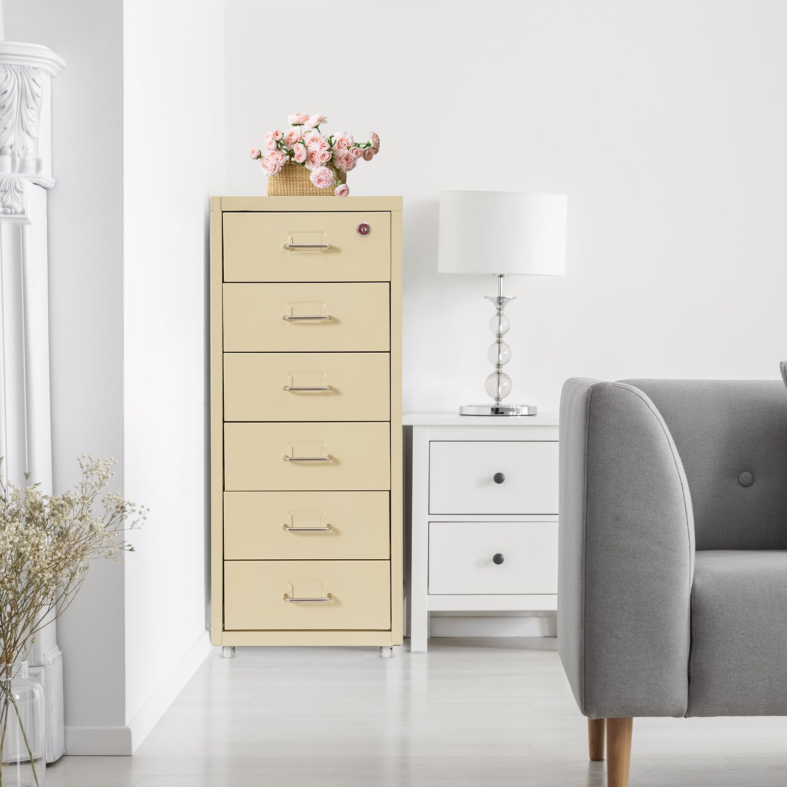 Armadietto mobile verticale a 6 livelli, in metallo, per ufficio, con ruote, richiudibile, 28 x 41 x 69 cm (beige)