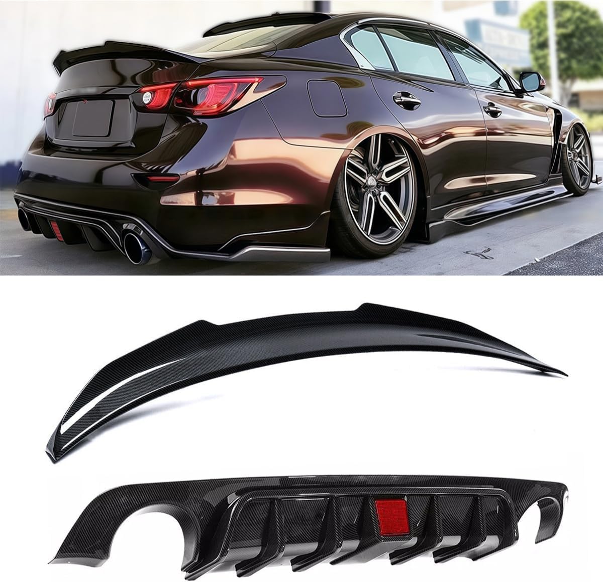 Duckbill Rear Spoiler & Rear Diffuser Compatible with Infiniti Q50 2018-2024 Sedan, Glossy Black Sport Style Trunk Wing Lip and Rear Bumper Splitter Kit