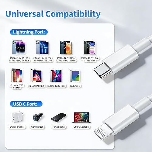 Miniatura 6 de Ximytec Cable USB C a Lightning [certificado MFi] Paquete de 3 cables de carga de iPhone de 10 pies, tipo C, cable de carga rápida compatible con