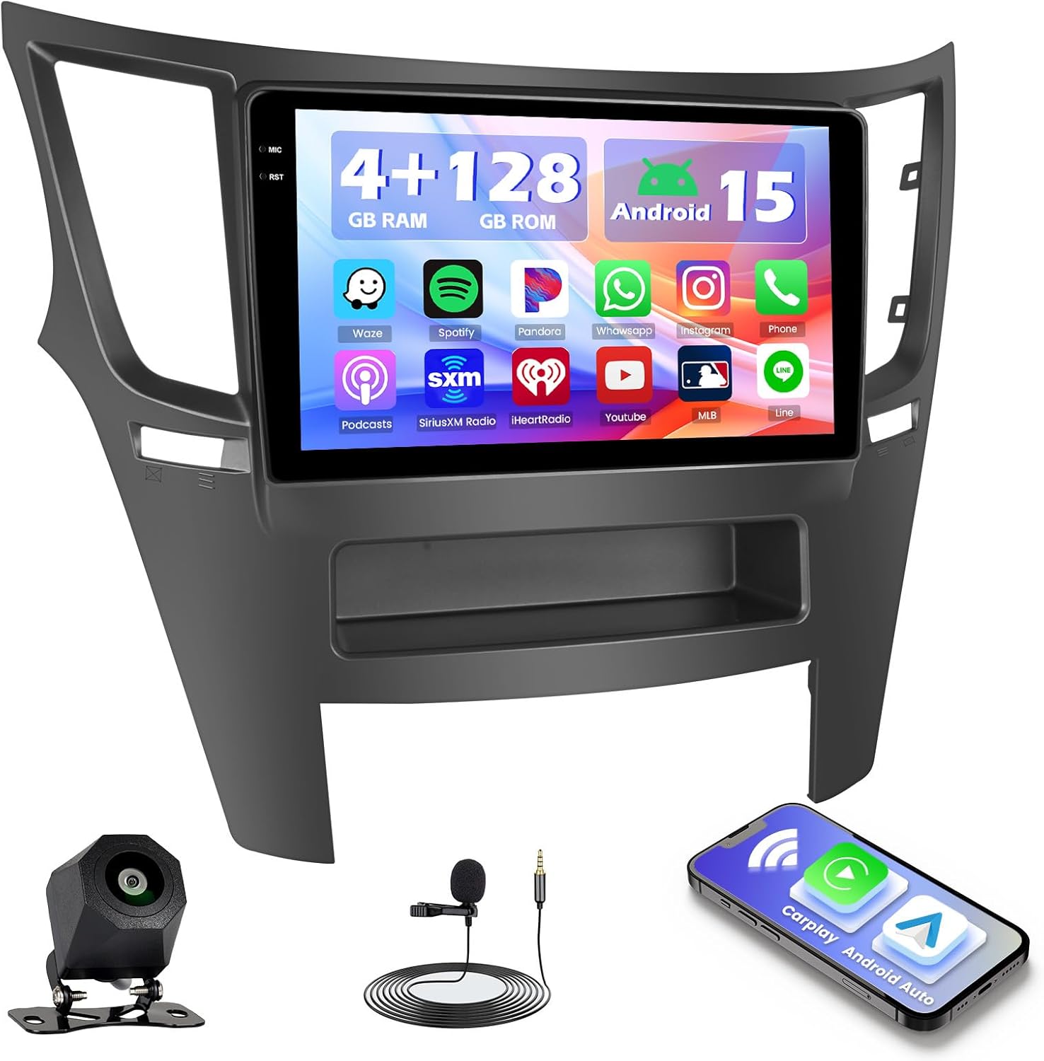 Hikity 4+128G Android 15 Car Stereo for Subaru Legacy Outback 2010-2014, 9” Touchscreen Radio with CarPlay, Android Auto, Bluetooth, GPS Navigation, WiFi, DSP, FM, RDS + AHD Backup Camera