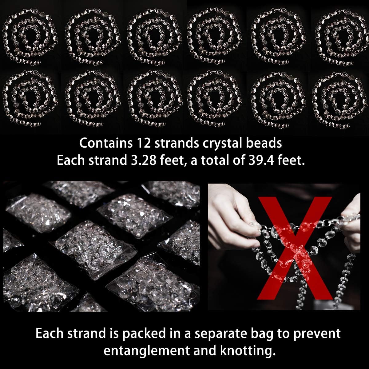 12 Strands 39.4 Feet Magnificent Crystal Gems Beads, Clear Strands Garland Bead Chandelier Lamp Chain for Wedding Party Tree Garlands Decoration and DIY Jewelry Making
