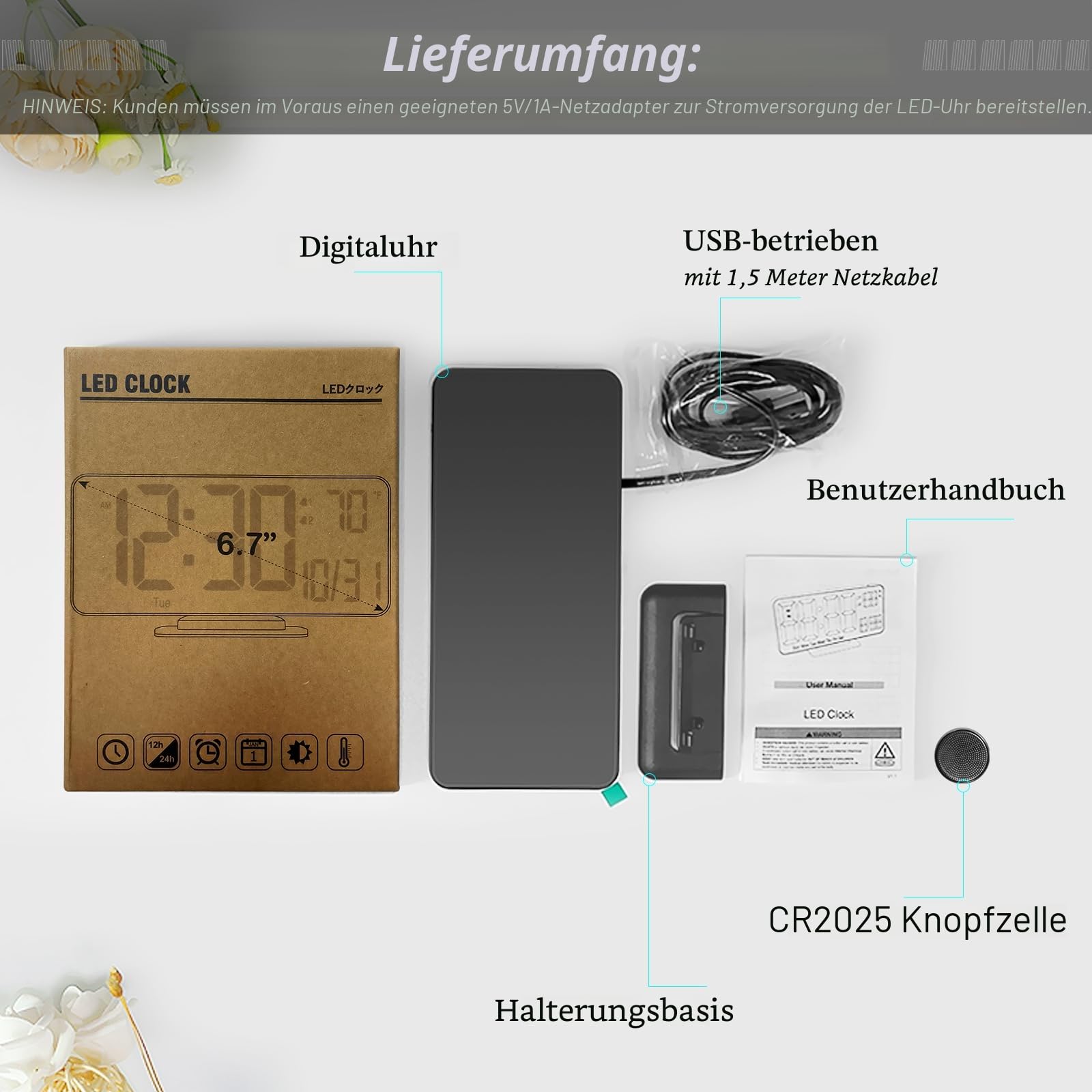 KOSUMOSU Digitaluhr für Schlafzimmer, 17 cm, Kleiner digitaler Wecker, schwarz, Dimmen, 12/24 Stunden, Datum, Wochentag, Temperatur, Computeruhr für Klassenzimmer, LED-Uhr für