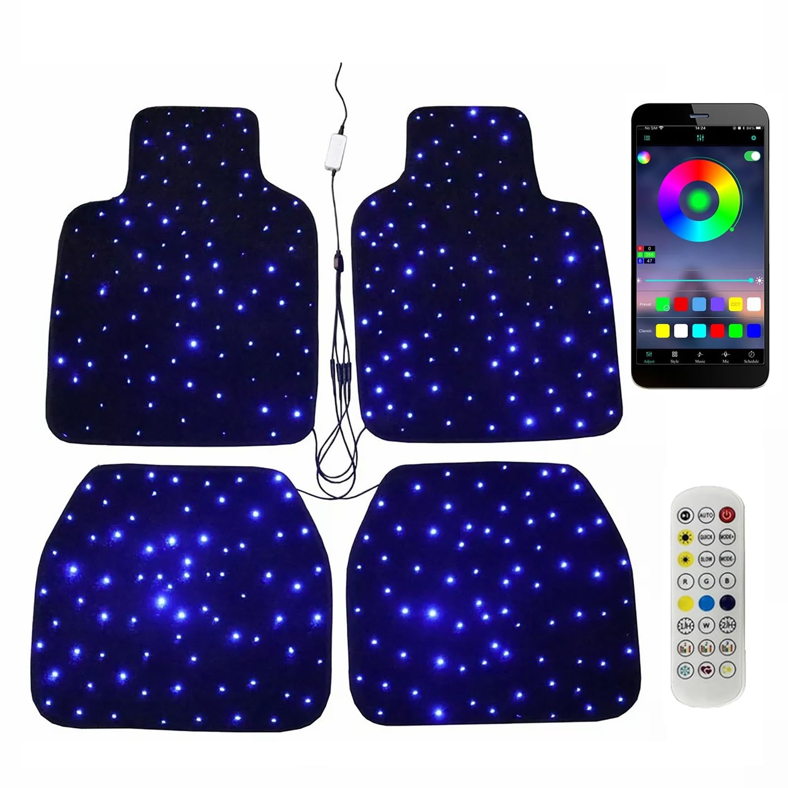 Tappetini LED per auto Starlight, 4 pezzi con luce a stella scintillante, tappetini decorativi universali per auto con controllo app, luci a fibra ottica lavabili, atmosfera luminosa
