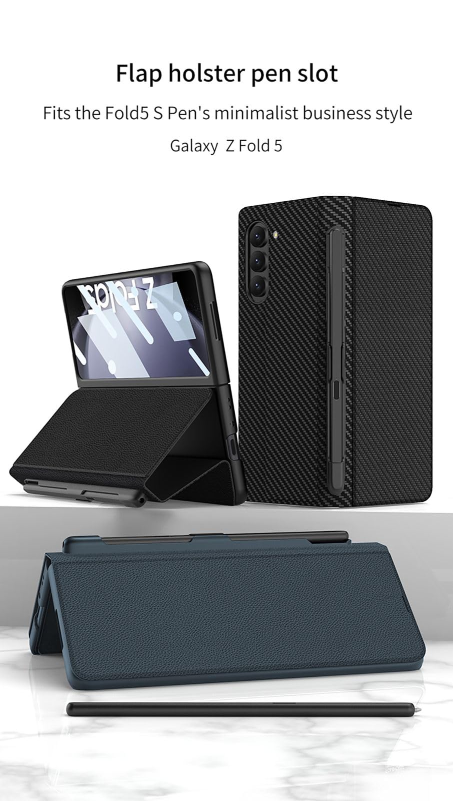 für Galaxy Fold5 Flap Ständer Klapphüllen + Glasfolie Magnetic Flip Leder Case,Pen Slot Kickstand Folio Cover für Samsung Galaxy Z Fold5(6)