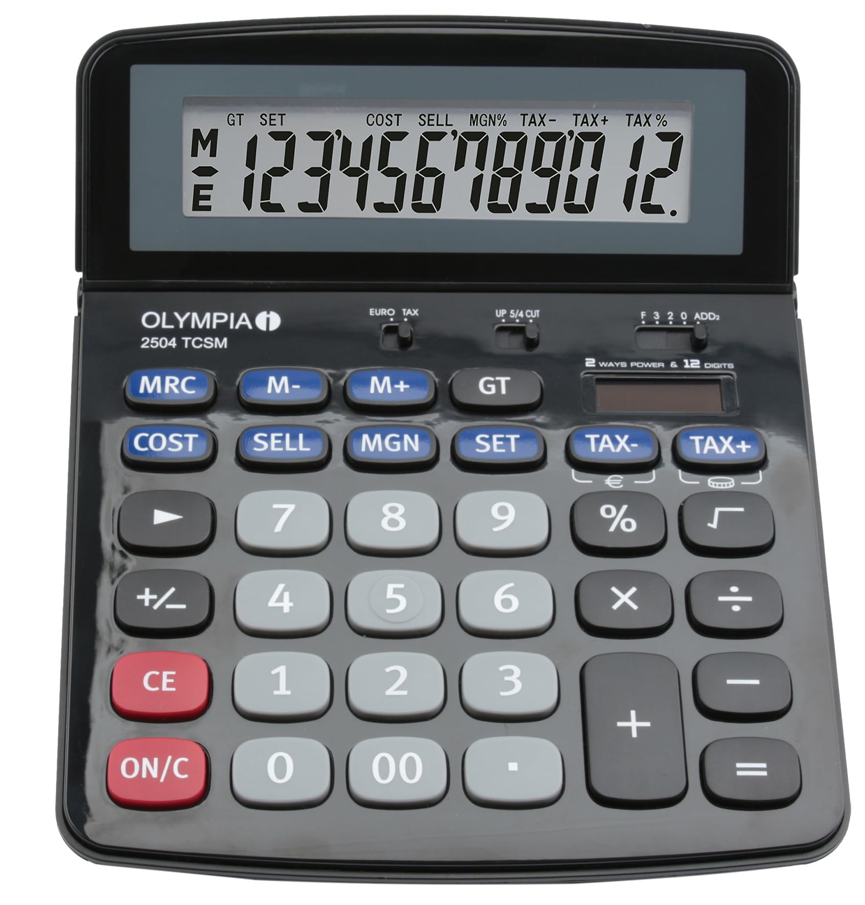 OLYMPIA 2504 TCSM Tischrechner 12-stellig – Finanzrechner mit Solar & Batterie, Tax, Cost Sell Margin, Euro-Umrechnung, Großes Display, Büro Rechner Schwarz Blau Grau