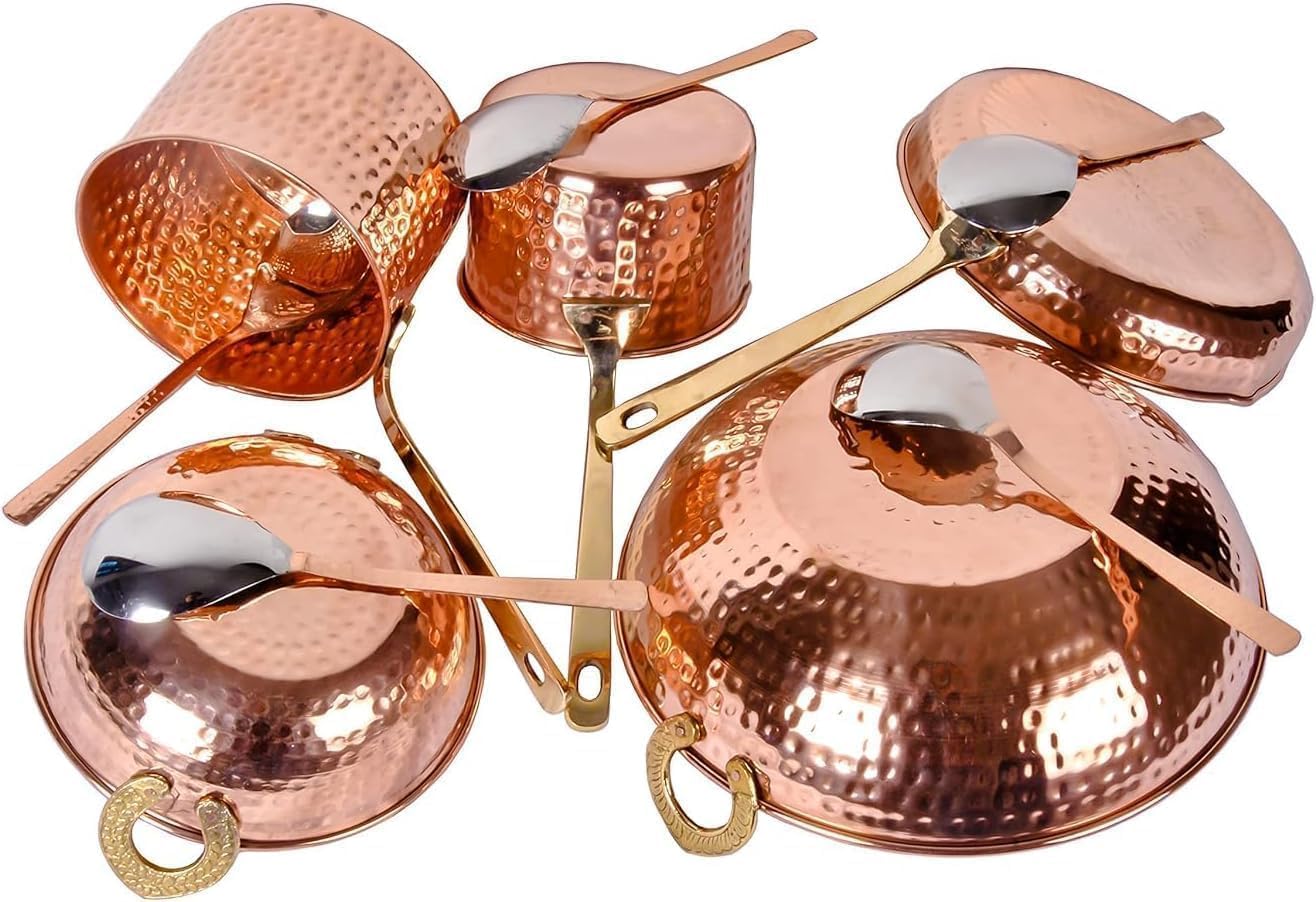 Hammered Copper Cooking and Serving Set, 10-Piece Traditional Kitchen Cookware with Brass Handles, Includes Sauce Pan, Kadhai, Fry Pan, Serving Spoons