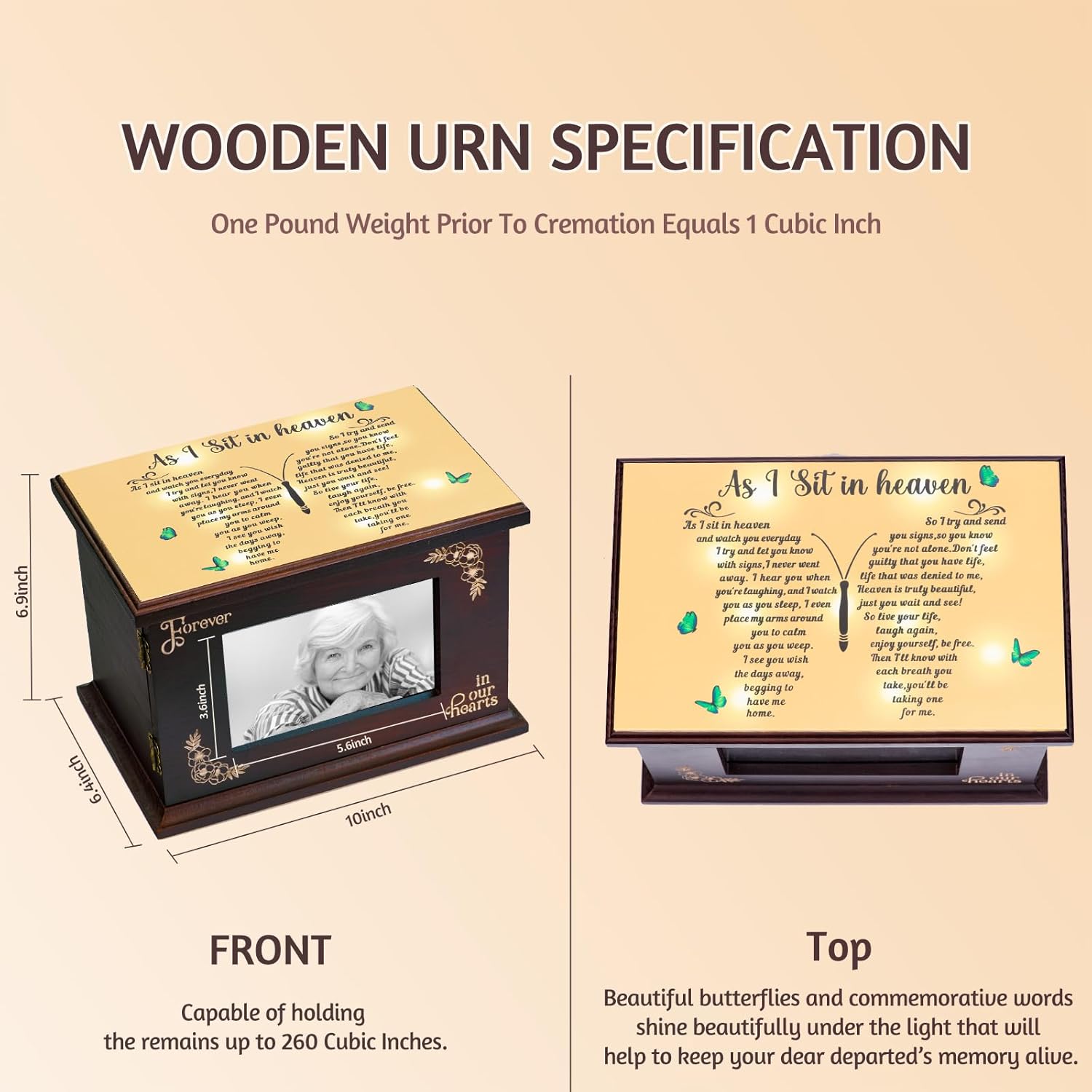 Cremation Urns for Human Ashes Adult Male Female Wooden Urns with Photo Frame for Women Men Funeral Memorial Decorative Wood Urns for Ashes Large Burial Urn Box and Casket Up to 250 IBS (Butterfly) - Image 2