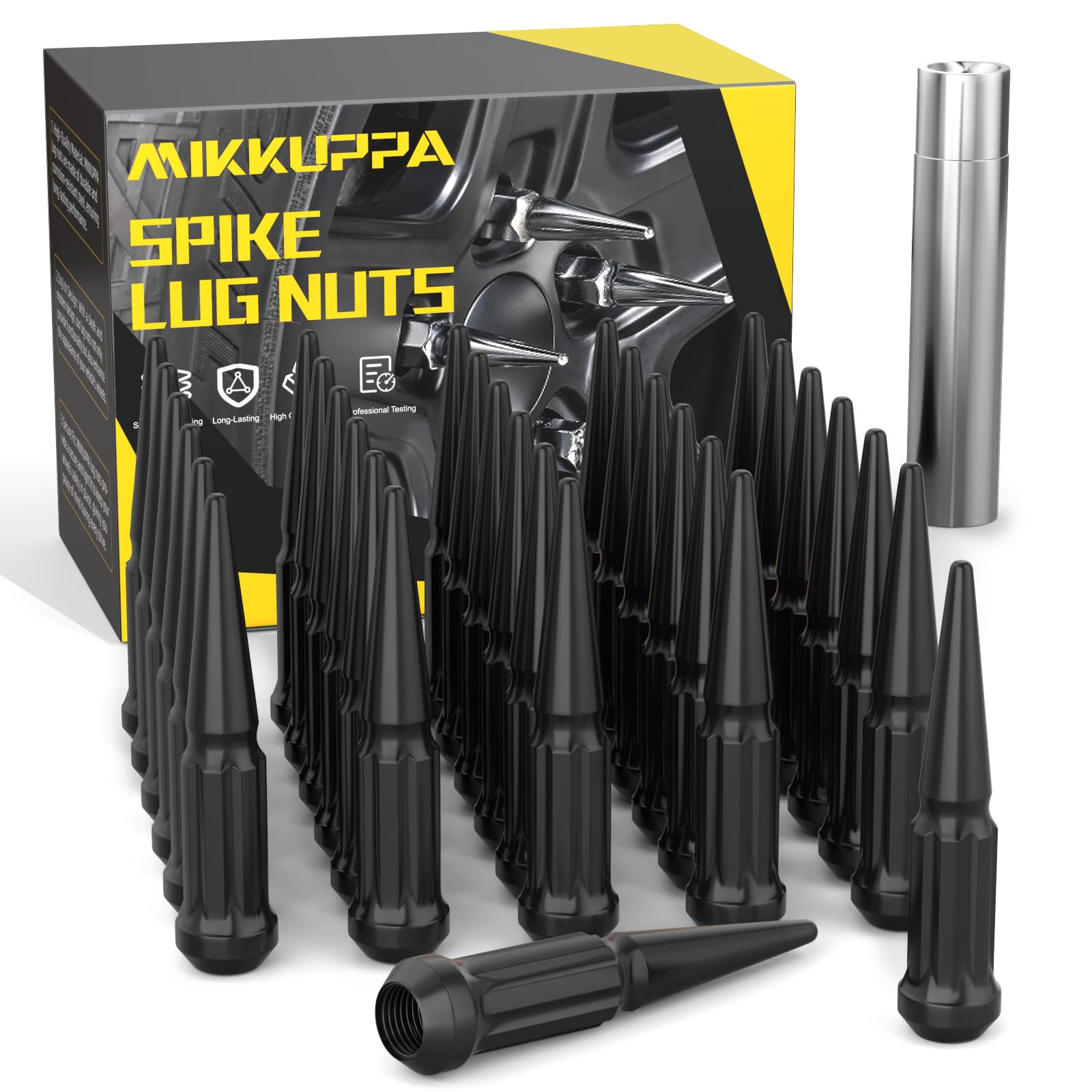 Photo 1 of MIKKUPPA M14x1.5 Wheel Spike Black Lug Nuts, 32pcs Black Spike Lug Nuts 14mmx1.5 Solid 4.4" Tall Acorn Lug Nut with 1 Socket Key Replacement for Chevy Silverado 1500 2500 3500, F-150 F-250 F-350