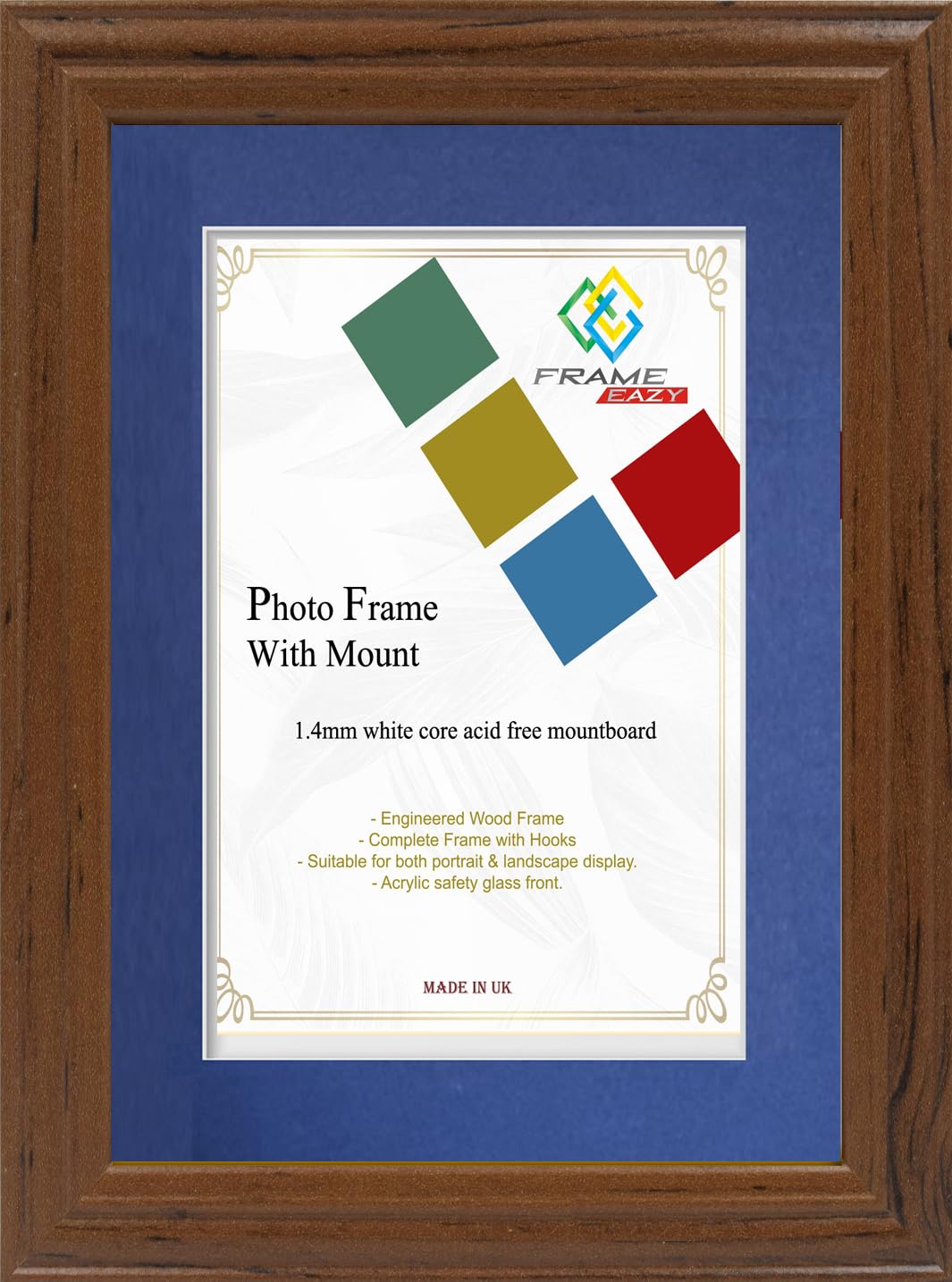 FRAME EAZY Dark Oak 70x50cm Photo Frame with 60x40cm Blue Mount - Antique Style Picture Frame With Safe Perspex Front - 70 x 50 cm For Picture Size 60 x 40 cm