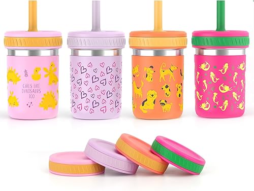 Miniatura 11 de Sursip Vasos infantiles de acero inoxidable con pajitas y tapas, resistentes a derrames, con popote de silicona para batidos, bebidas, aperitivos,