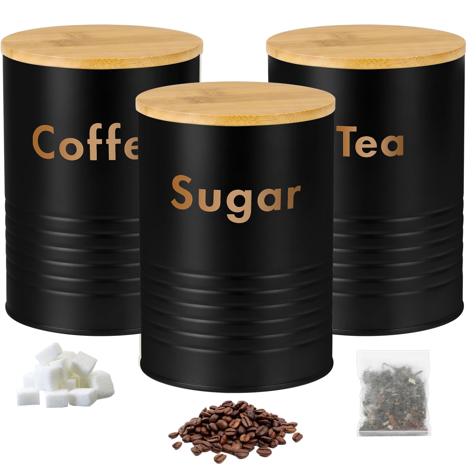 Yuecda 3 Piece Tea Coffee Sugar Canister Set Elegant Metal Storage Canister Airtight Containers Kitchen Essentials Cafe Accessories（Black and Rose Gold Bamboo lid）