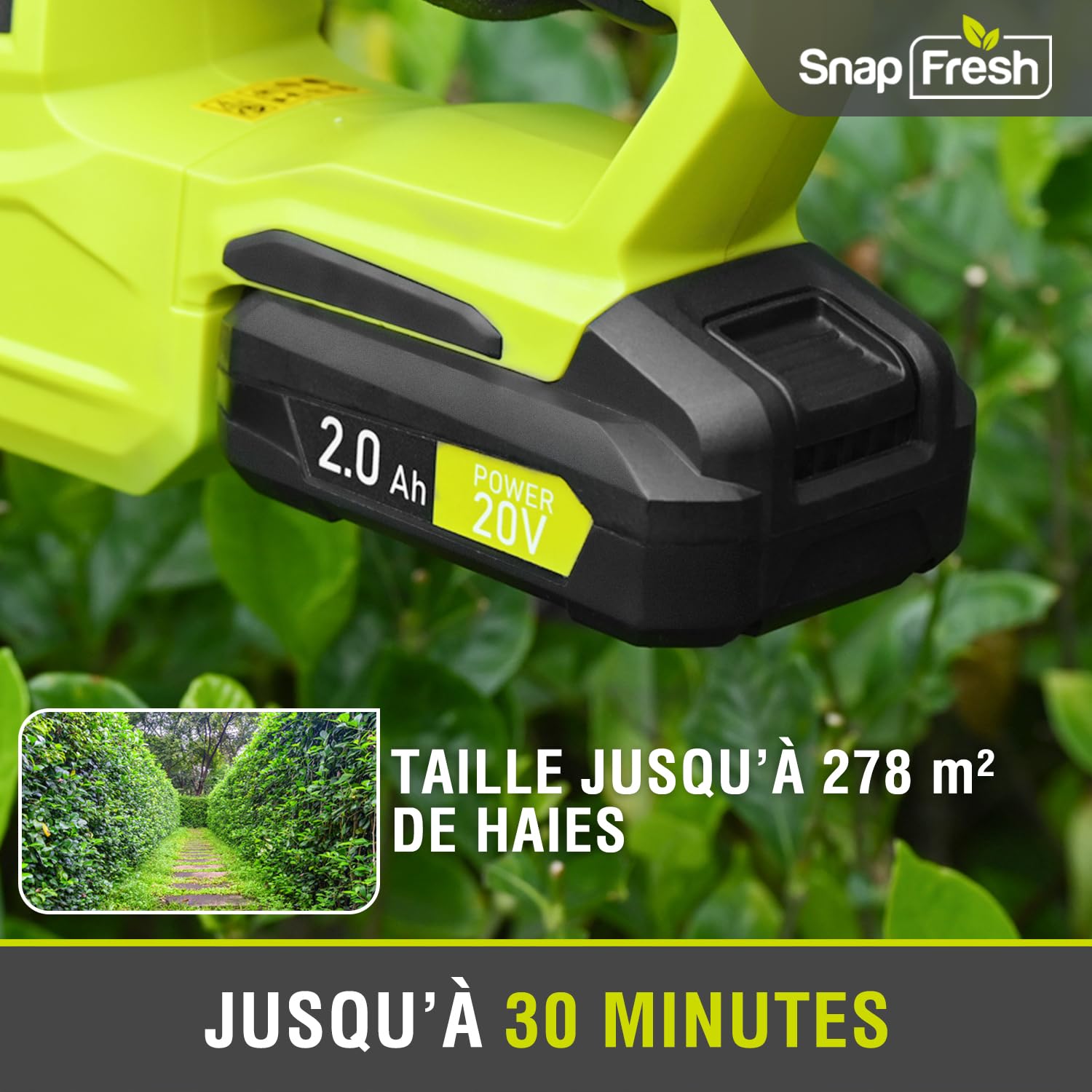SnapFresh Taille Haie Batterie sans Fil 20V, Léger 2,15 kg, Longueur de Coupe 55 cm, Ø 14 mm, Double Action 2800 SPM, Faible Vibration, Taille-Haie Électrique pour Jardin Haies Arbustes Buissons