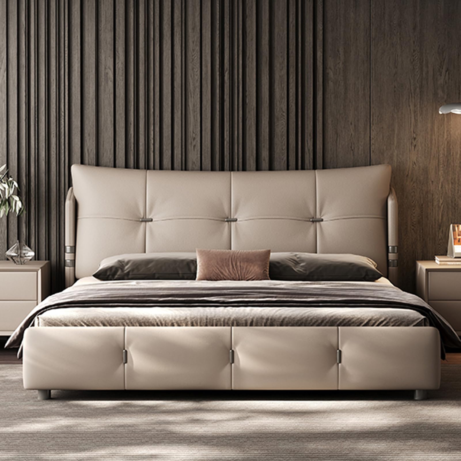 King Size Genuine Leather Wood Bed Upholstered Platform Bed Frame with Headboard and Lift Up Storage Strong Wooden