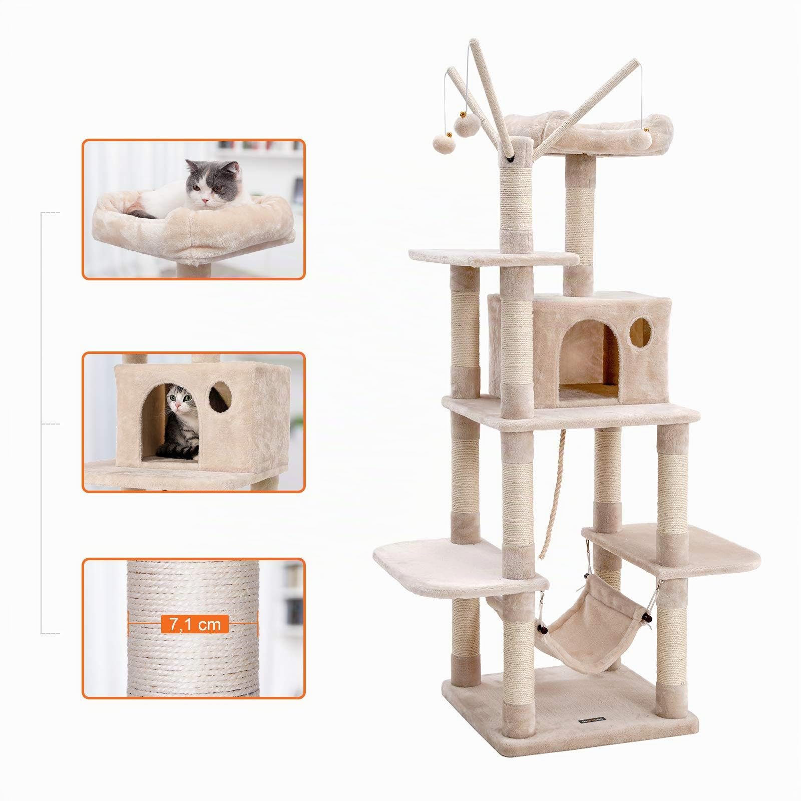FEANDREA Tiragraffi Gatto Albero Tira Graffi Gioco Giacattolo Gatti Altezza 154 cm in Sisal Naturale PCT86M