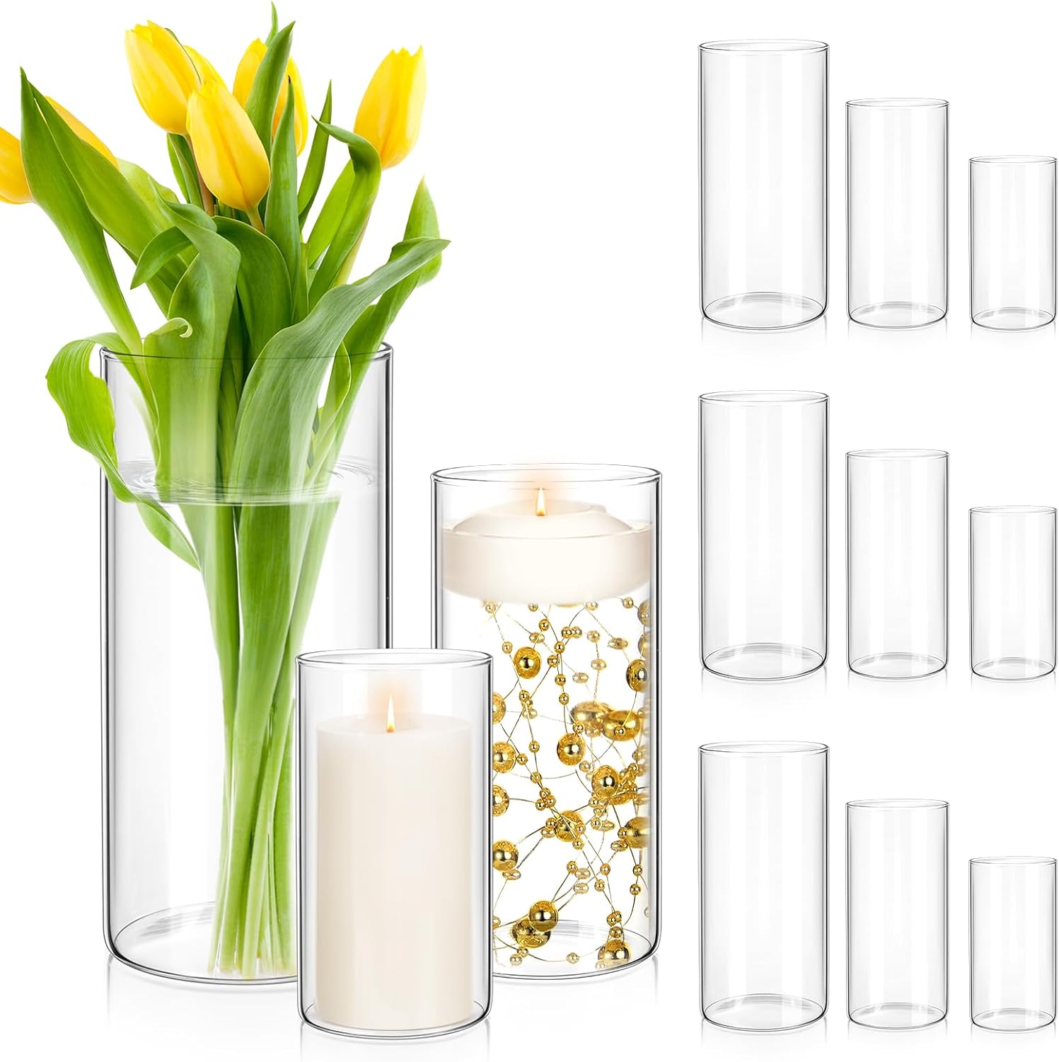 9 Pcs Glass Cylinder Vase for Centerpieces 6,8,10 Inch Tall Glass Flower Vases Modern Clear Hurricane Candle Holder Floral Vase Bulk for Table Shelf Party Home Wedding Decor (3 Different Sizes)