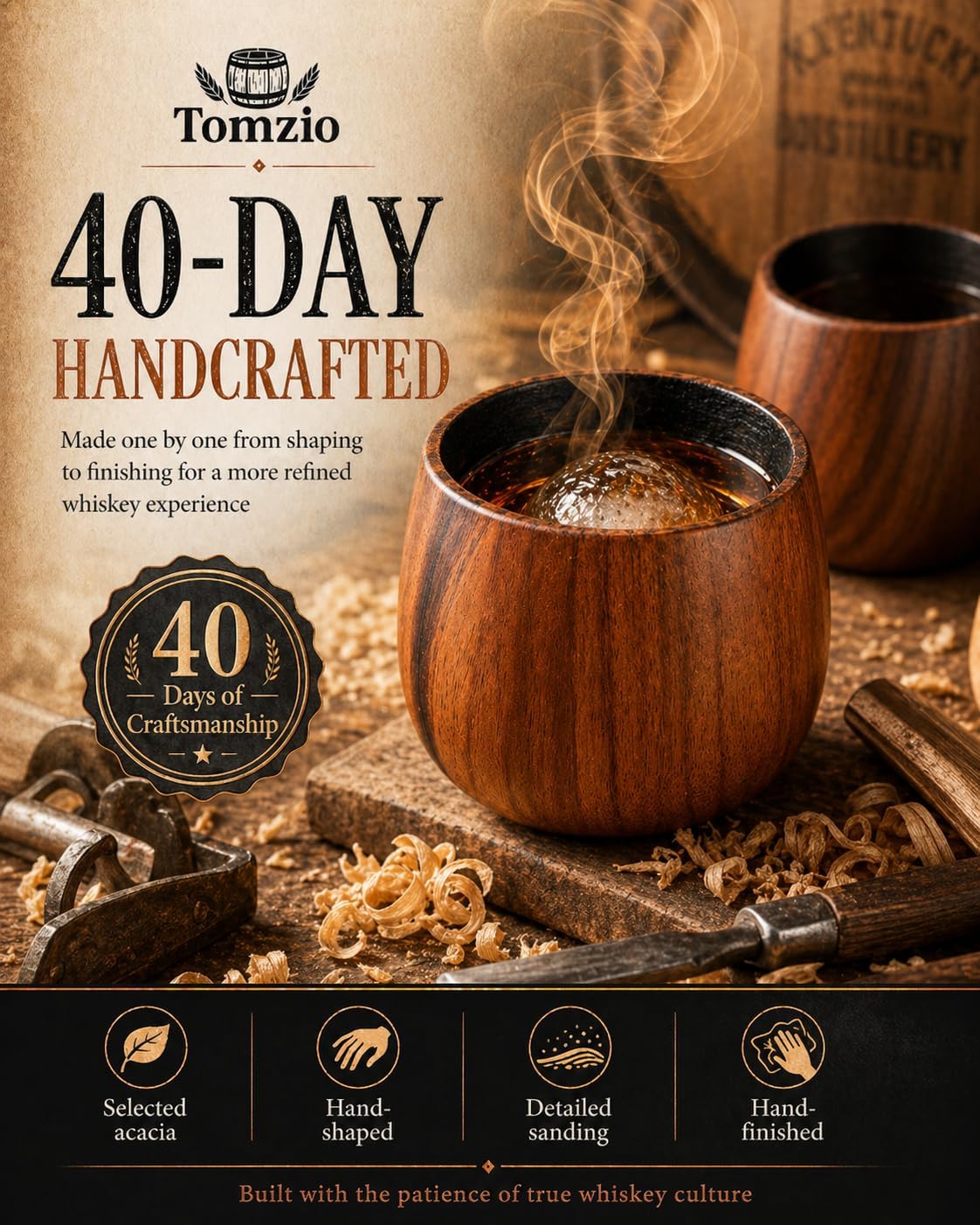 Charred Wooden Bourbon Drinking Glass Set of 2,11oz Handcrafted Premium Acacia Whiskey Tumbler,4 Stones & 2 Ice Ball Molds,Charred Old Fashioned Glass,Unique Bourbon Gifts for Men