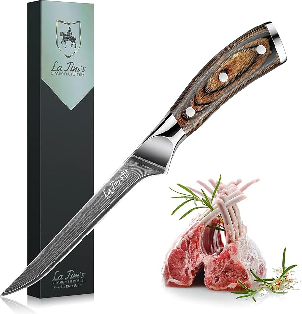 Latim's Damascus Boning Knife, Professional Kitchen Knives Made of Japanese VG-10 Stainless Steel with Unique Pattern, Ultra Sharp Blade and Ergonomic Handle
