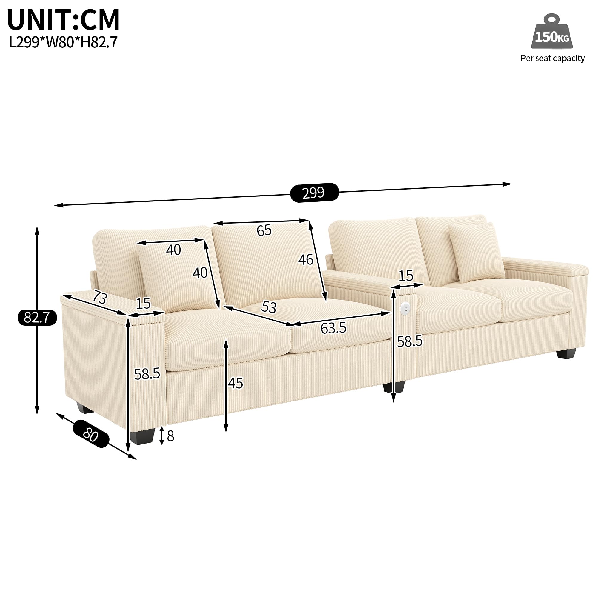 Azkoeesy Divano Moderno a 4 Posti, Lunghezza 3 m, Velluto (Beige) | per Salotto e Ufficio, 2 Cuscini, Presa USB, 3 Braccioli con Cassetto, Sedute e Cuscini Lavabili e Sfoderabili