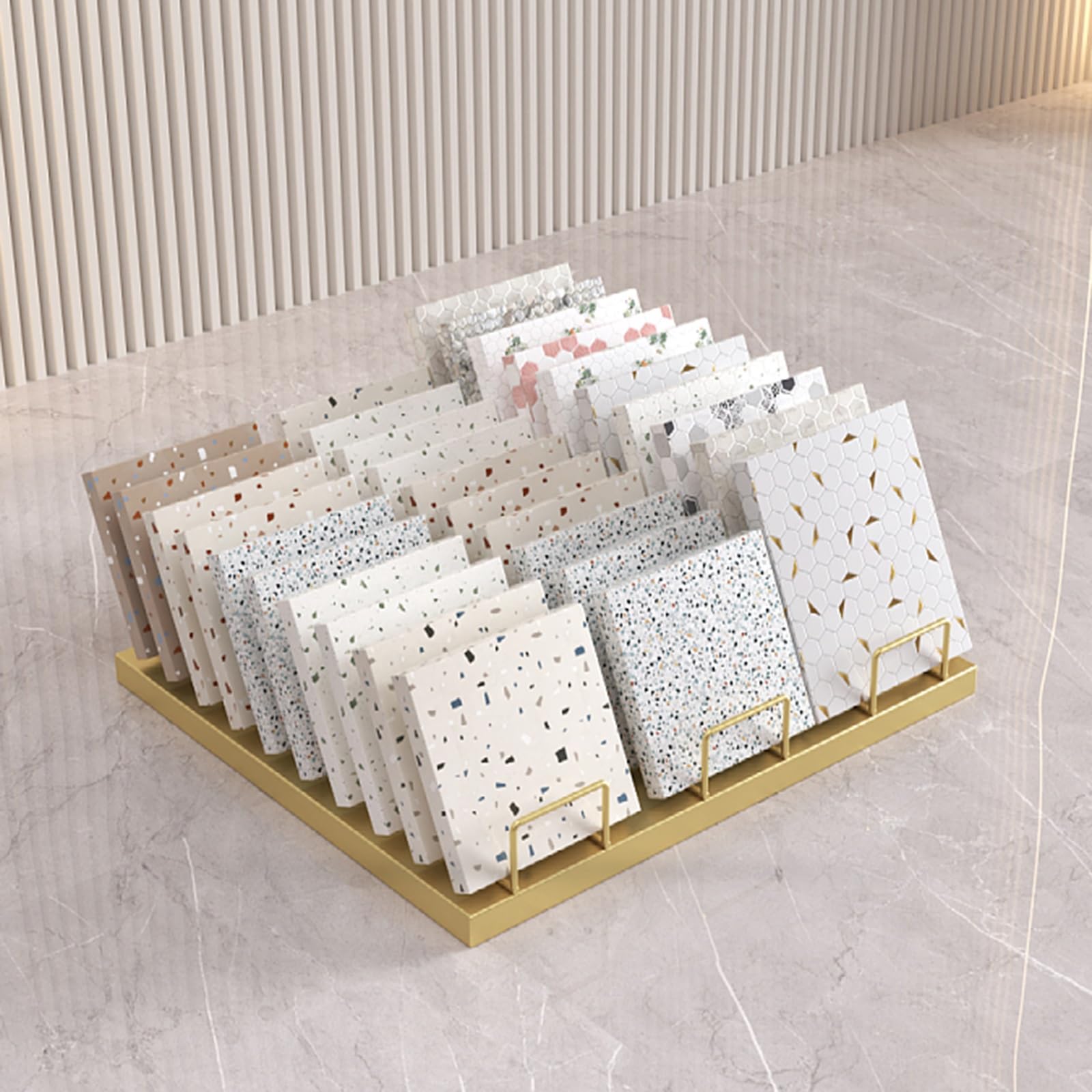 Expositor de muestras de Azulejos Dorado de Gran Capacidad. Estante Organizador con Ranuras para Plantillas de Vidrio y muestras de Suelo a Granel, Ideal para Salas de exposiciones (50 cm).