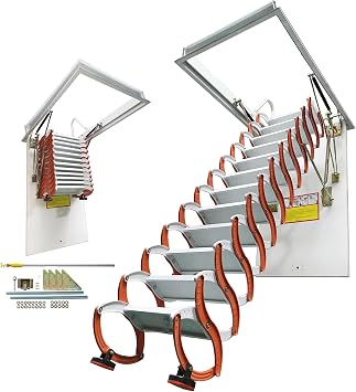 INTSUPERMAI Attic Ceiling Pull Down Ladder Retractable Attic Access Ladder Folding Extension Loft Stairs 27.6 x 47.2 in Max 10ft Height Scissor Structure Carbon Steel Material Orange Color