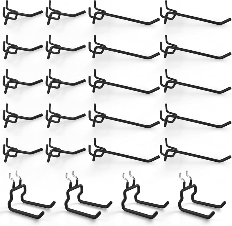 Pegboard Hooks 2" 4" Peg Board Steel Tool Hangers Brackets (24, Black) | 1/4" Pegboard Accessories Organizers, Mixed 2 4 Inch Hooks Big Flat Racks, Metal Shelving Brackets for Craft Garage Workbench