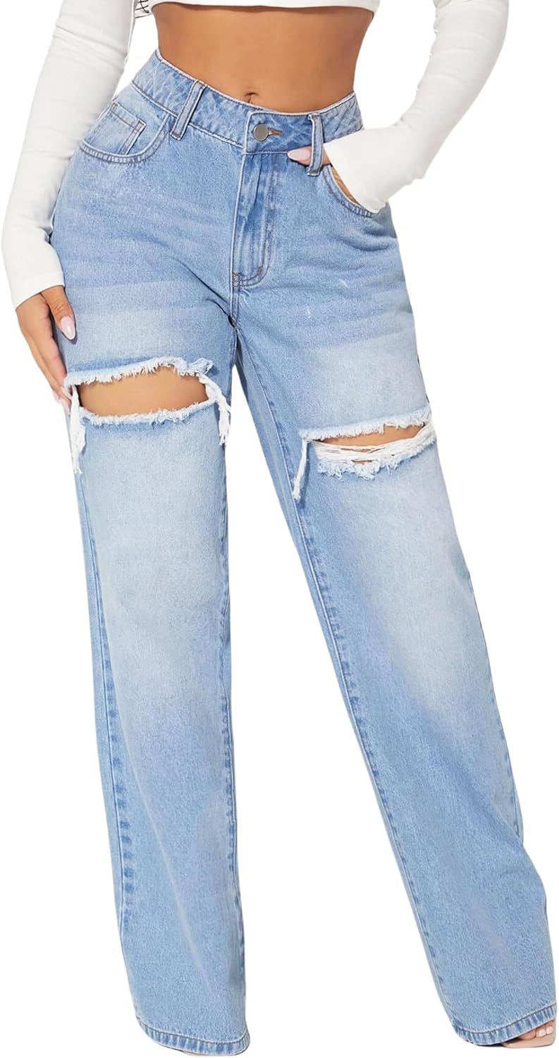 KKSONG Womens Distressed Straight Leg Jeans High Waisted Wide Leg Baggy Jeans Boyfriend Casual Denim Pants.