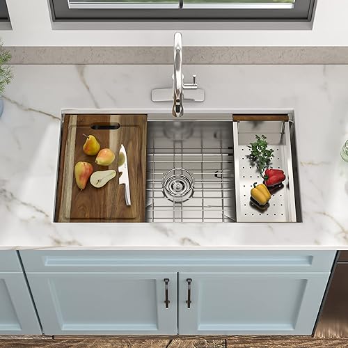 Miniatura 4 de Fregadero de cocina de 32 pulgadas para montaje bajo encimera de acero inoxidable 304 de calibre 16 de 32 x 19 pulgadas, para colocar debajo de la