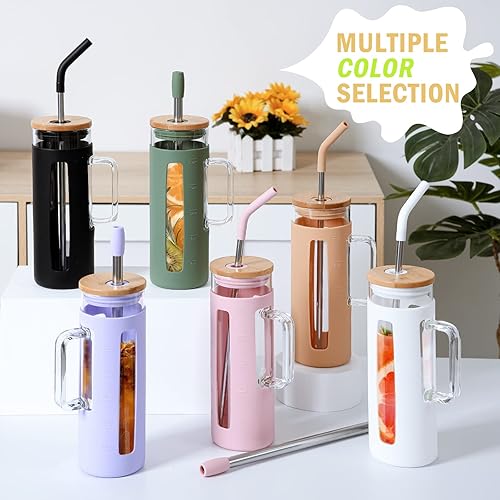 Miniatura 5 de Kodrine Vaso con tapa y pajilla, vaso de café de vidrio de 20 onzas con asa, taza de batido con tapa de bambú, marcador de tiempo, funda protectora