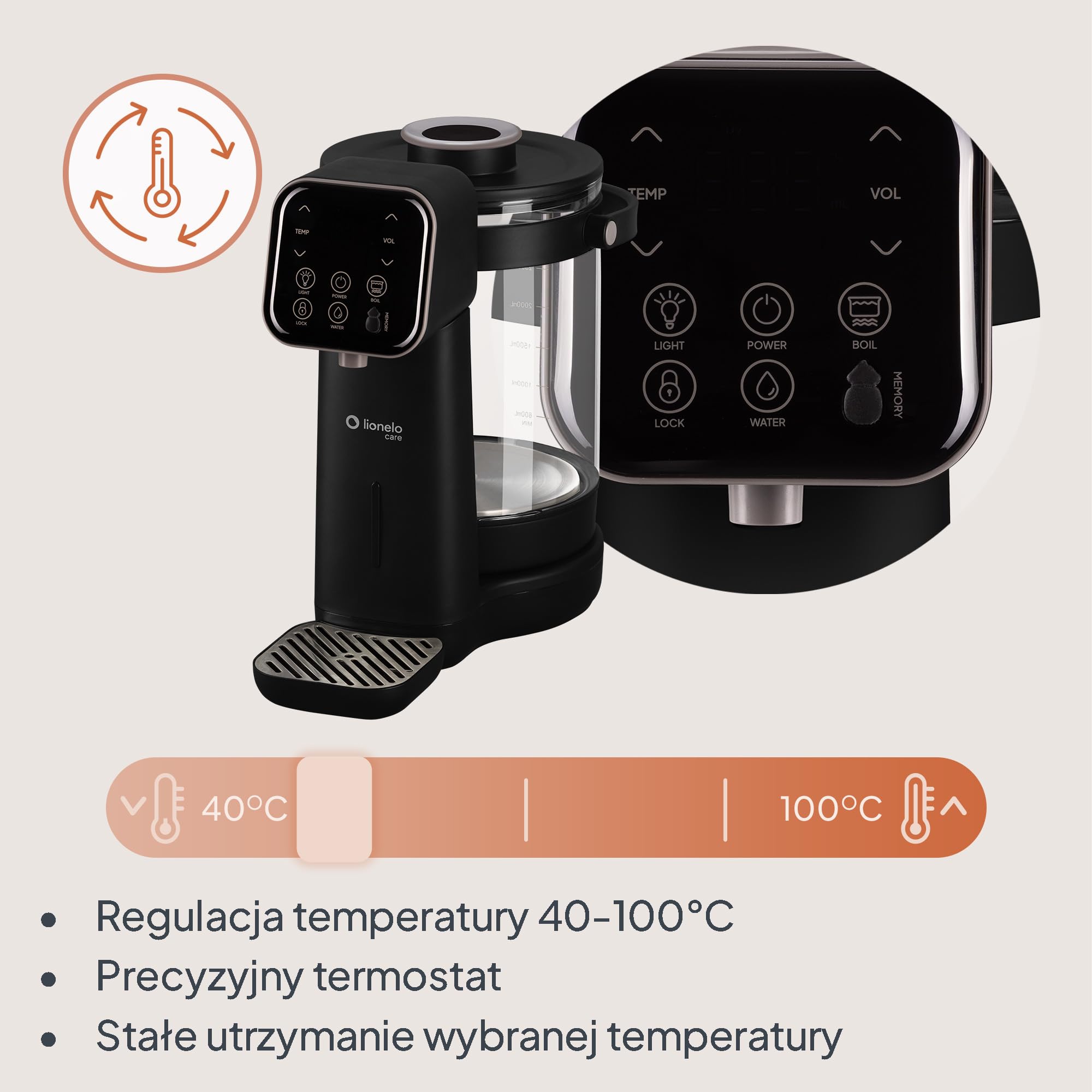 Lionelo Babypresto 2.0 urządzenie do przygotowywania butelek dla niemowląt i ogrzewacz do butelek dla niemowląt o temperaturze 40-100°C, higiena UV, dechlorowanie, dozowanie 30-300 ml, szklany
