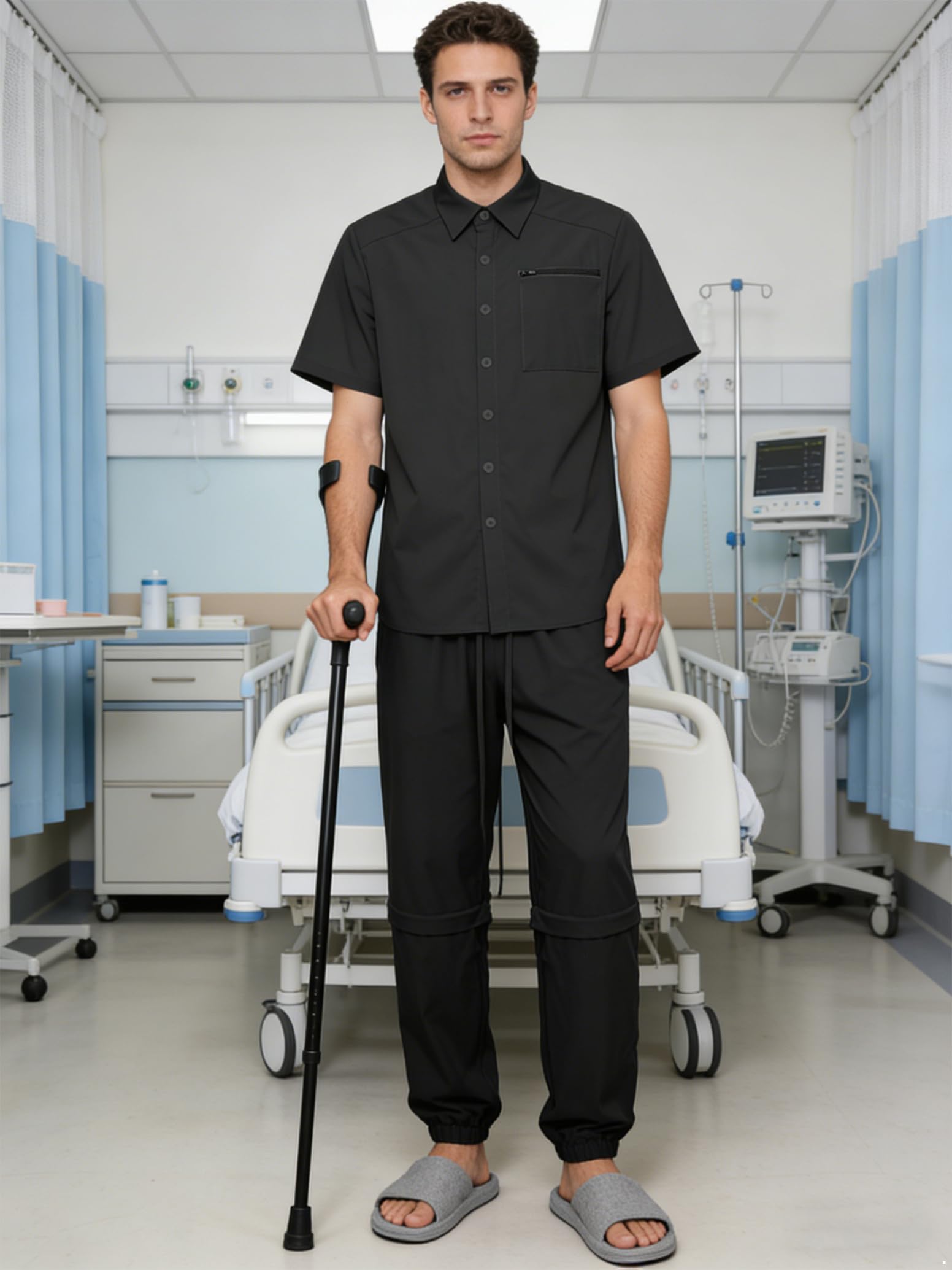 inlzdz Herren Zweiteilier Adaptive Kleidung Set Kurzarm Shirt Tear Away Hose für Patienten nach Operationen Senioren