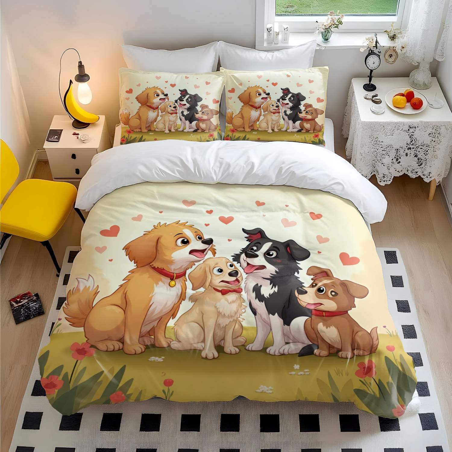 Housse de couette chien mignon avec taies d'oreiller pour lit simple enfant
