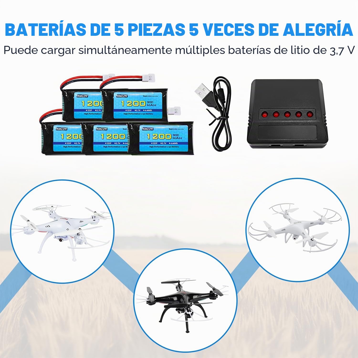 5 Unidades 3,7V 1200mAh 30C Molex Plug Lipo batería con Cargador 5 en 1 Adecuado para dron de Control Remoto SYMA X5SW X5SC-1 KY601S