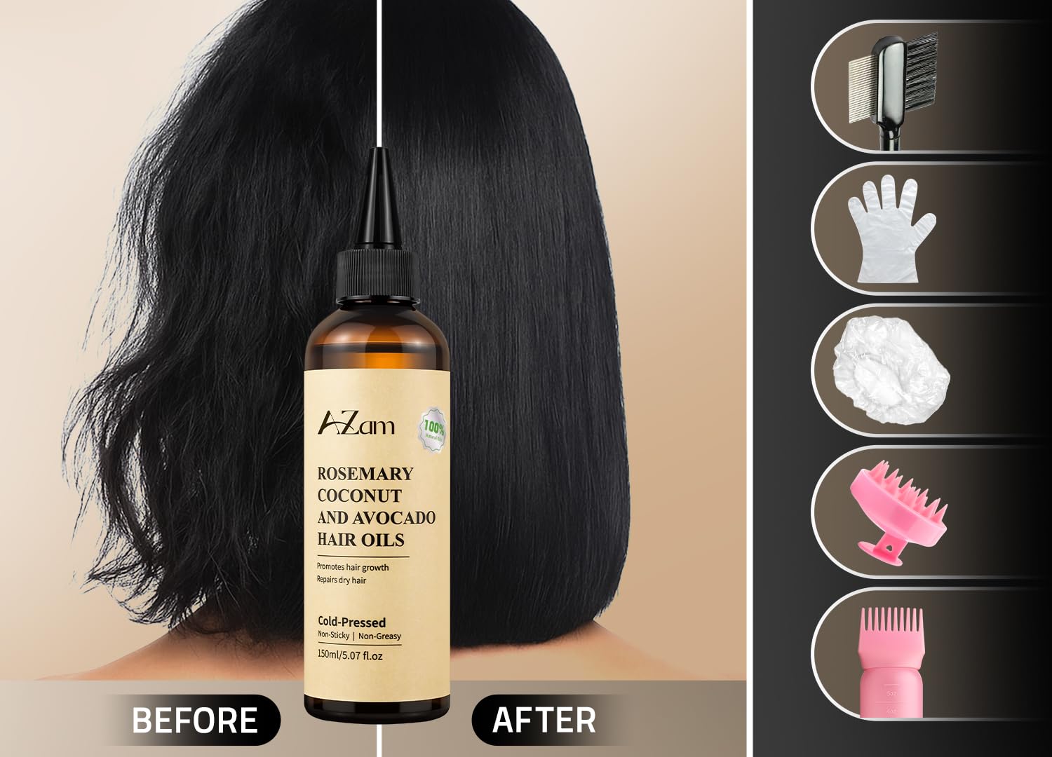 AZam Hair Oil Kit, 150ml Avocado, Coconut & Rosemary Blend for Hair Growth & Scalp Care, Includes Applicator Bottle, Gloves - Image 4
