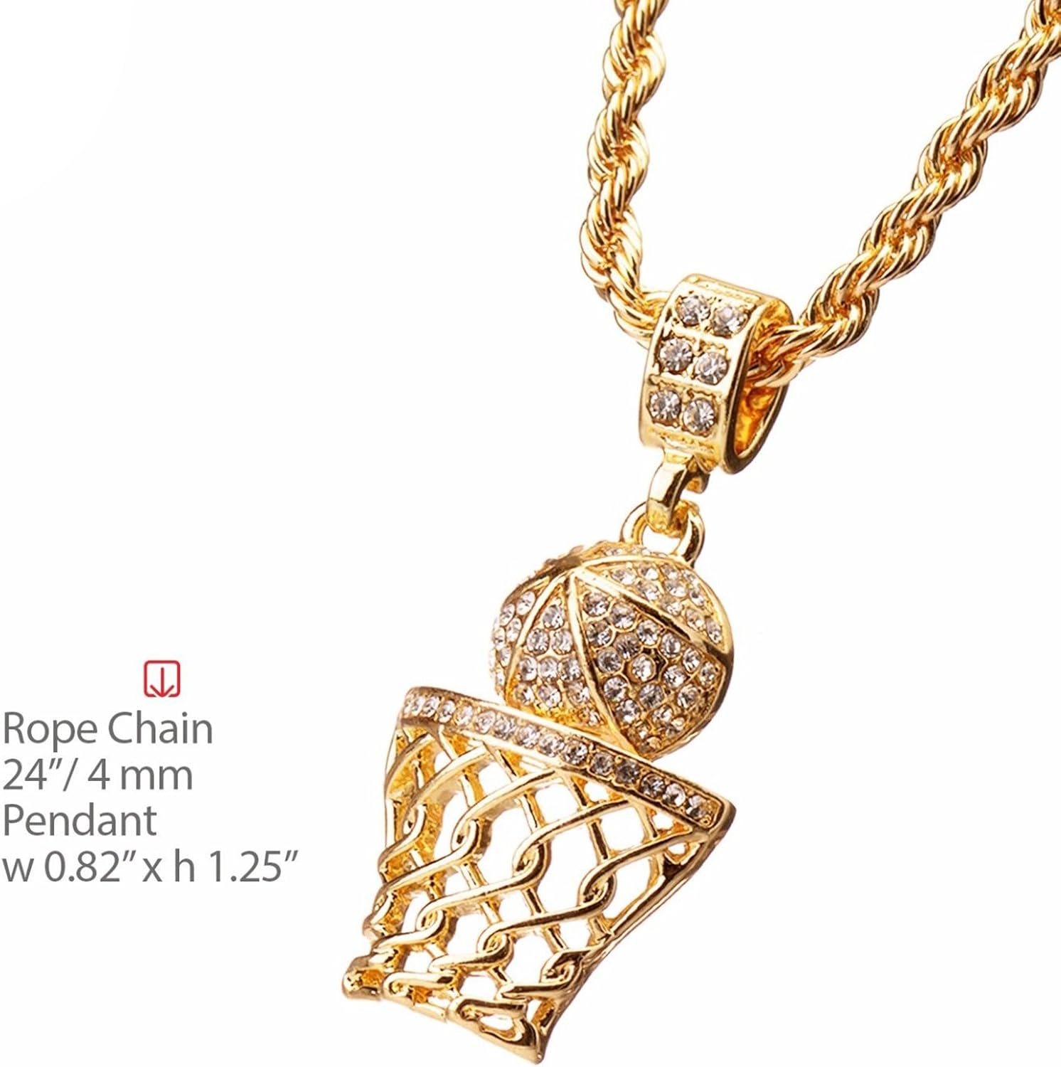 14K Gold Plated Mini Sports Basketball Rim Hoop Pendant 24 inch Rope Chain Necklace HC 1109 G