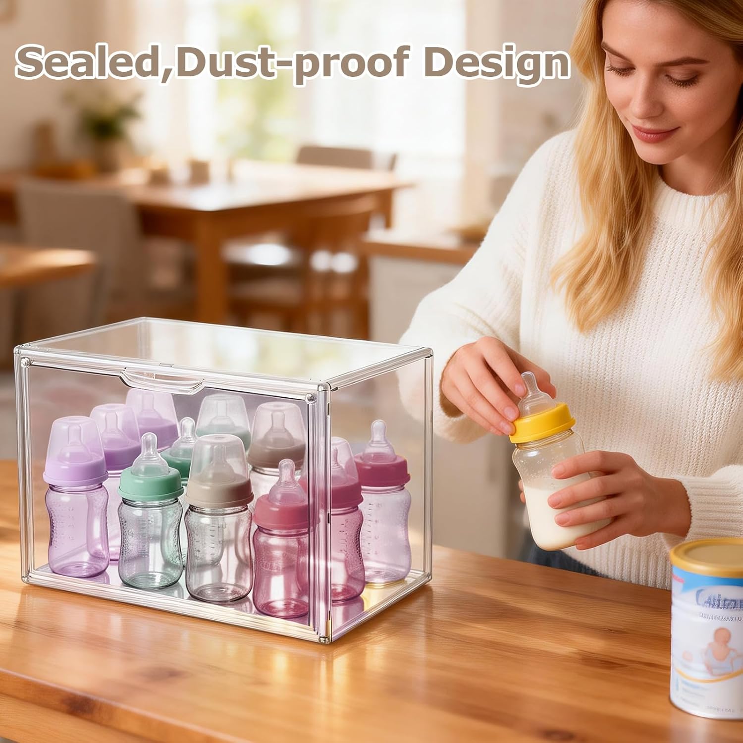 Baby Bottle Organizer with Magnetic Door for Cabinet – Stackable Clear Organizer Nursery Storage Bin for Baby Bottles, Pacifiers, Pump Parts