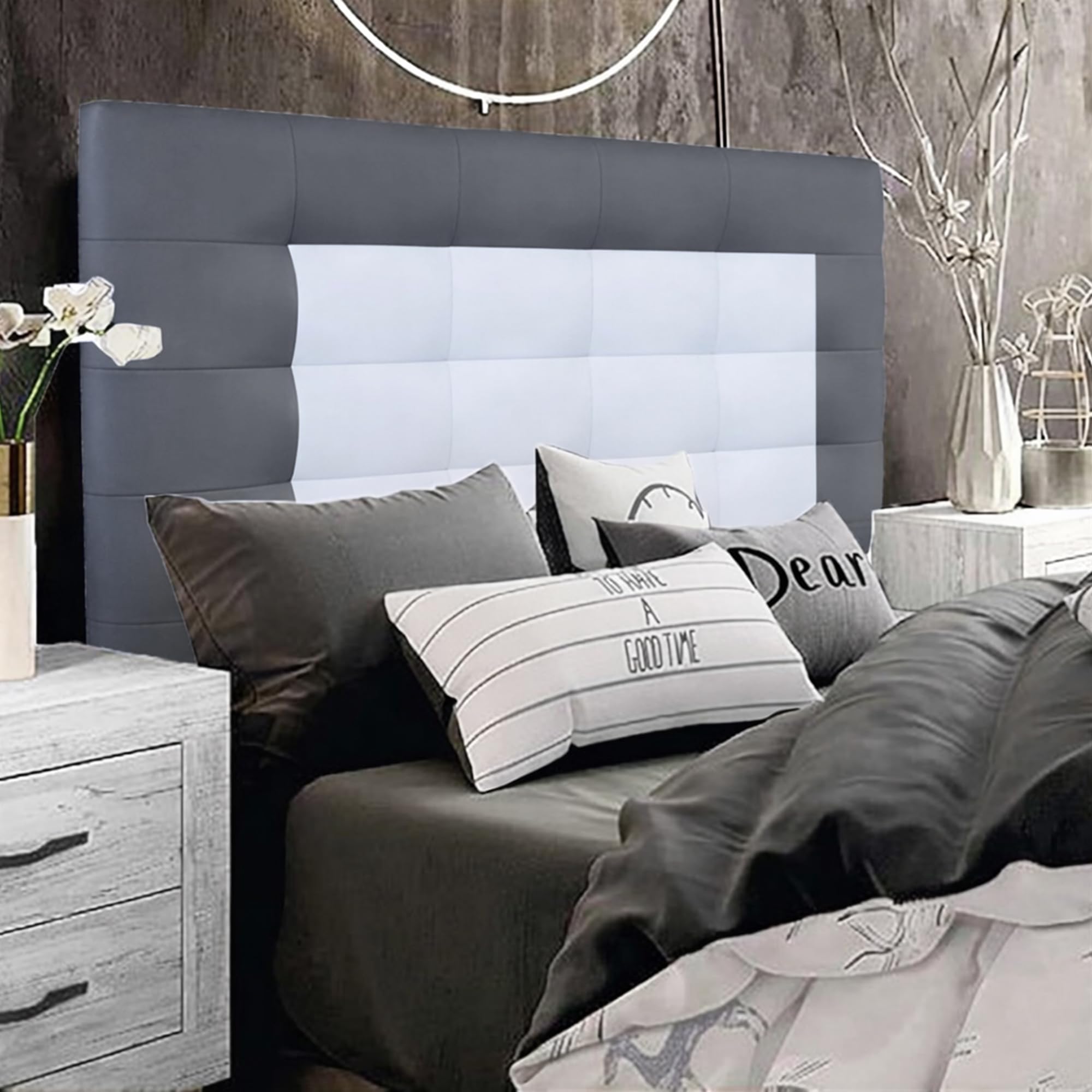 ONEK-DECCO Cabecero de Cama Mod.Florida con Marco, tapizado en Polipiel para Cama de niño,Juvenil y Matrimonio Cabezal de Colgar 70 cm.Alto (190X70, Gris-Blanco)
