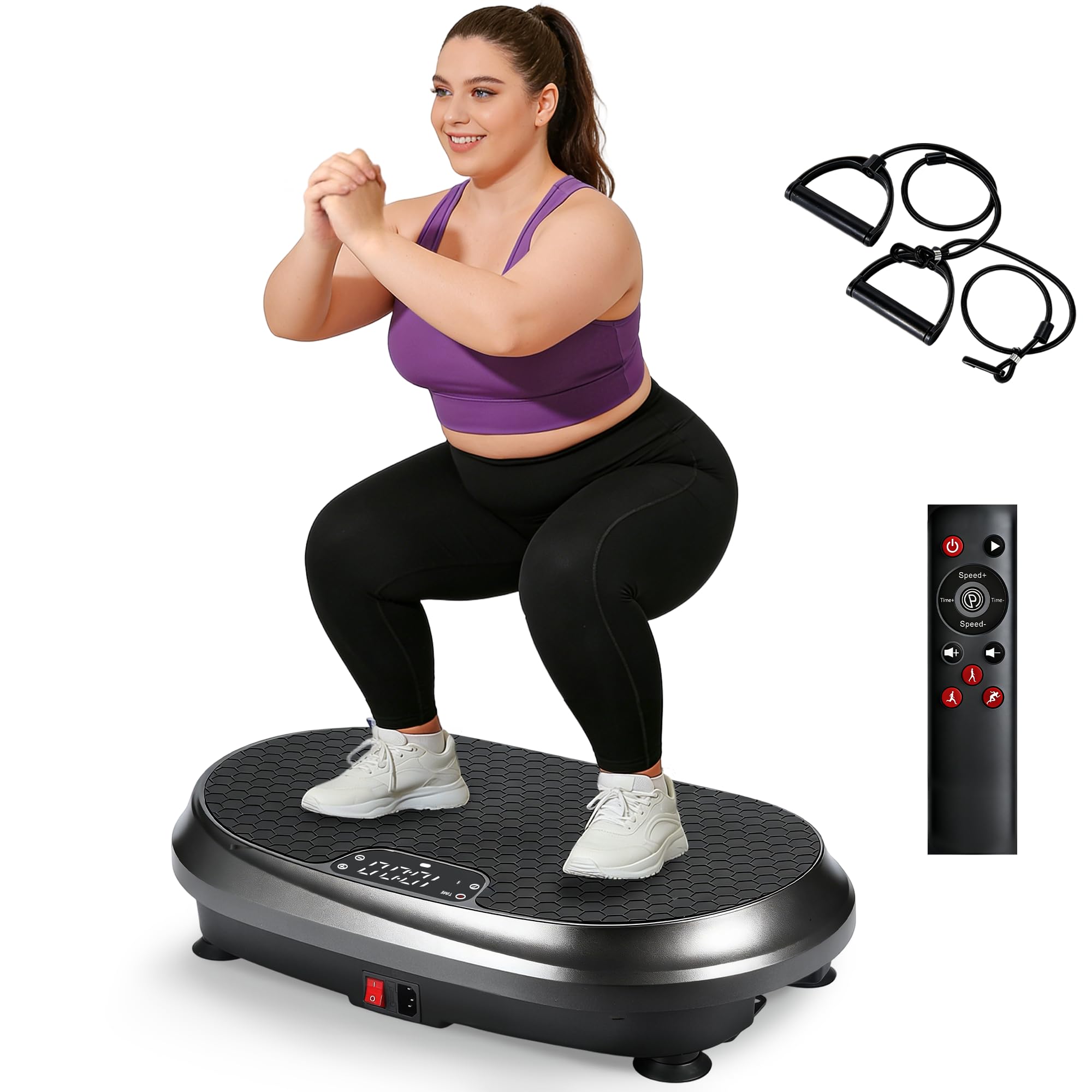 Vibrationsplatte - Vibration Plate Rüttelplatte Sport für Zuhause | Hohe Stabilität Rutschfeste Fußpads Leiser Betrieb Fernbedienung Widerstandsbänder 9 automatische Programme LED-Anzeige