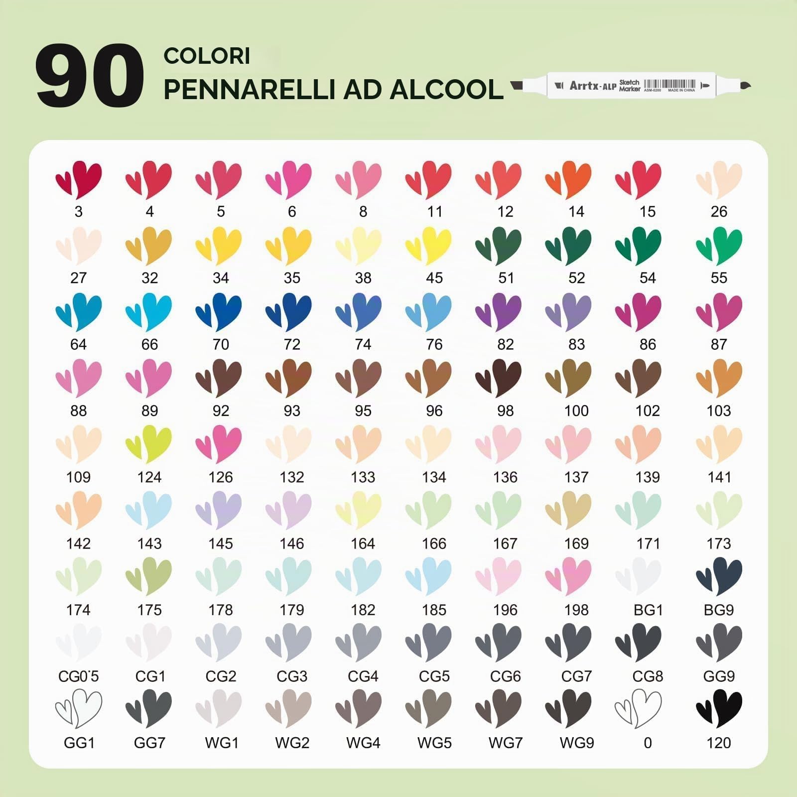 Arrtx Set 90 pennarelli ad alcol ALP a punta fine scalpello per tecniche artistiche complete. Ideali per pittura, illustrazione, manga e progetti di colorazione per adulti.
