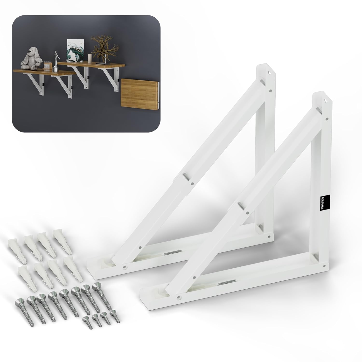 Buildskill 16″ Folding Shelf Bracket, 1.2mm Heavy-Duty Folding Table Bracket, Corrosion Resistant & Space-Saving Design, Brackets for Wall Shelves & Workstations, Home & Office Use (White) (Set of 2)