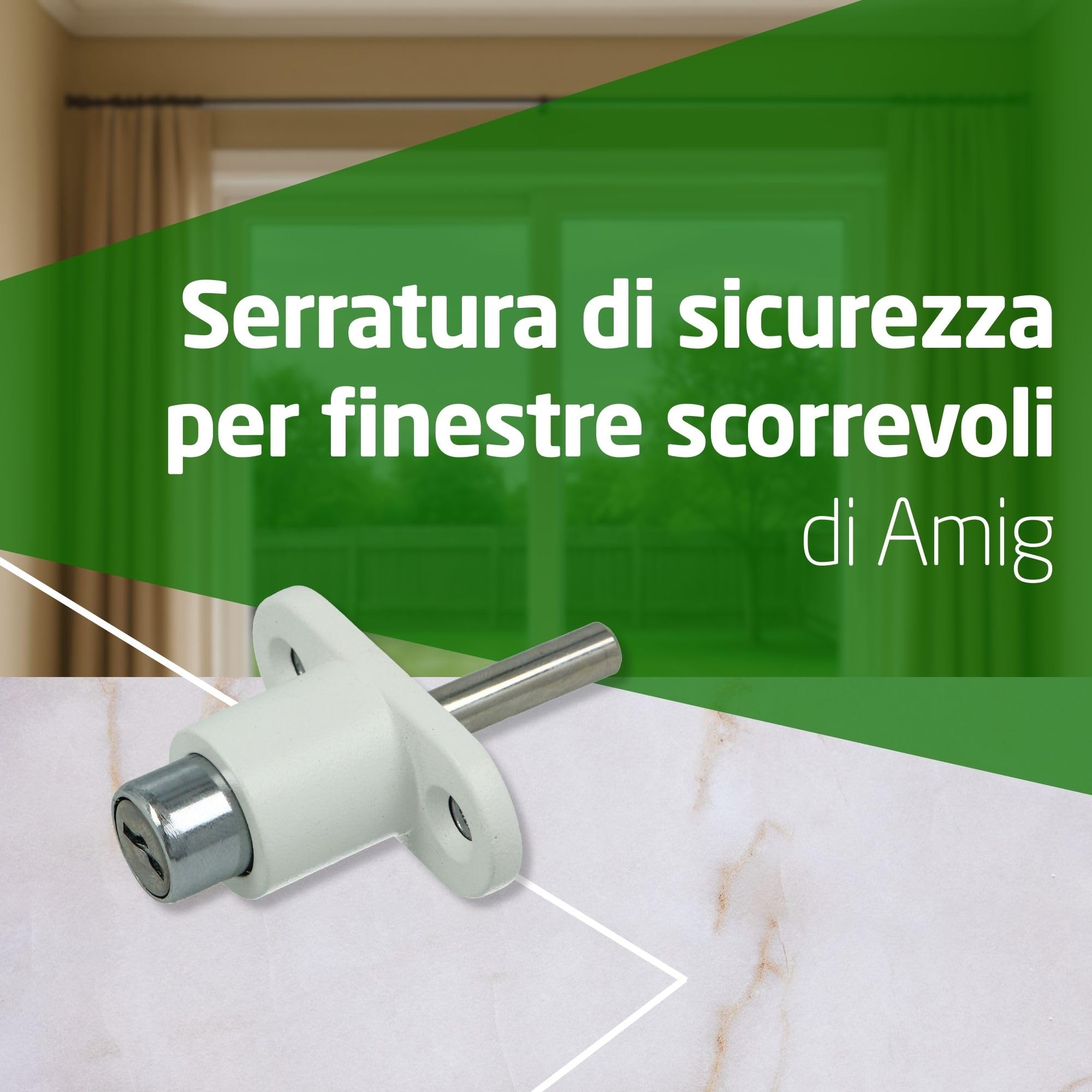 Amig - Serratura di sicurezza per finestre scorrevoli Mod.45; Chiusura a sovrapporre con 2 chiavi e Tirafondi per l'installazione, In acciaio Finitura bianco, Dimensioni: 53 x 23 mm