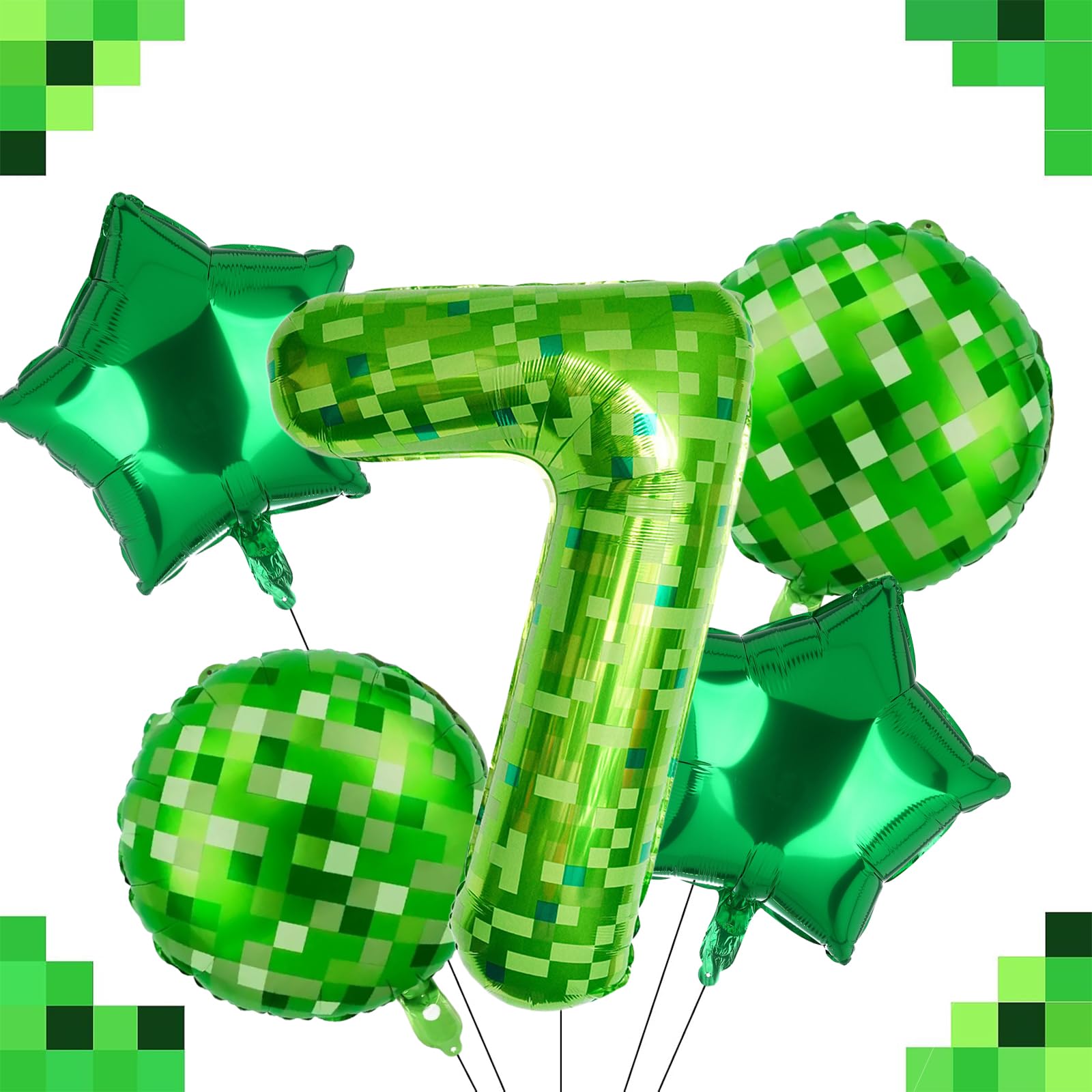 40 Inch Green Pixel Miner Number 7 Foil Balloon Set 5Pcs Large Mylar Mining Theme 7th Number Balloons Pixel Cubes Video Game Birthday Party
