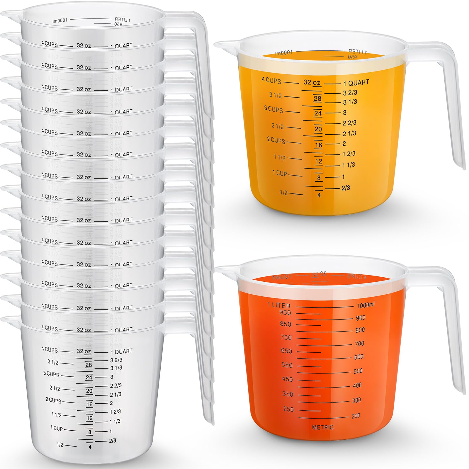 Fabbay 24 tazas medidoras de plástico con capacidad para 4 tazas de 1000 ml, tazas medidoras graduadas transparentes con boquilla y asas, marcado de onzas y ml para ingredientes de receta, harina